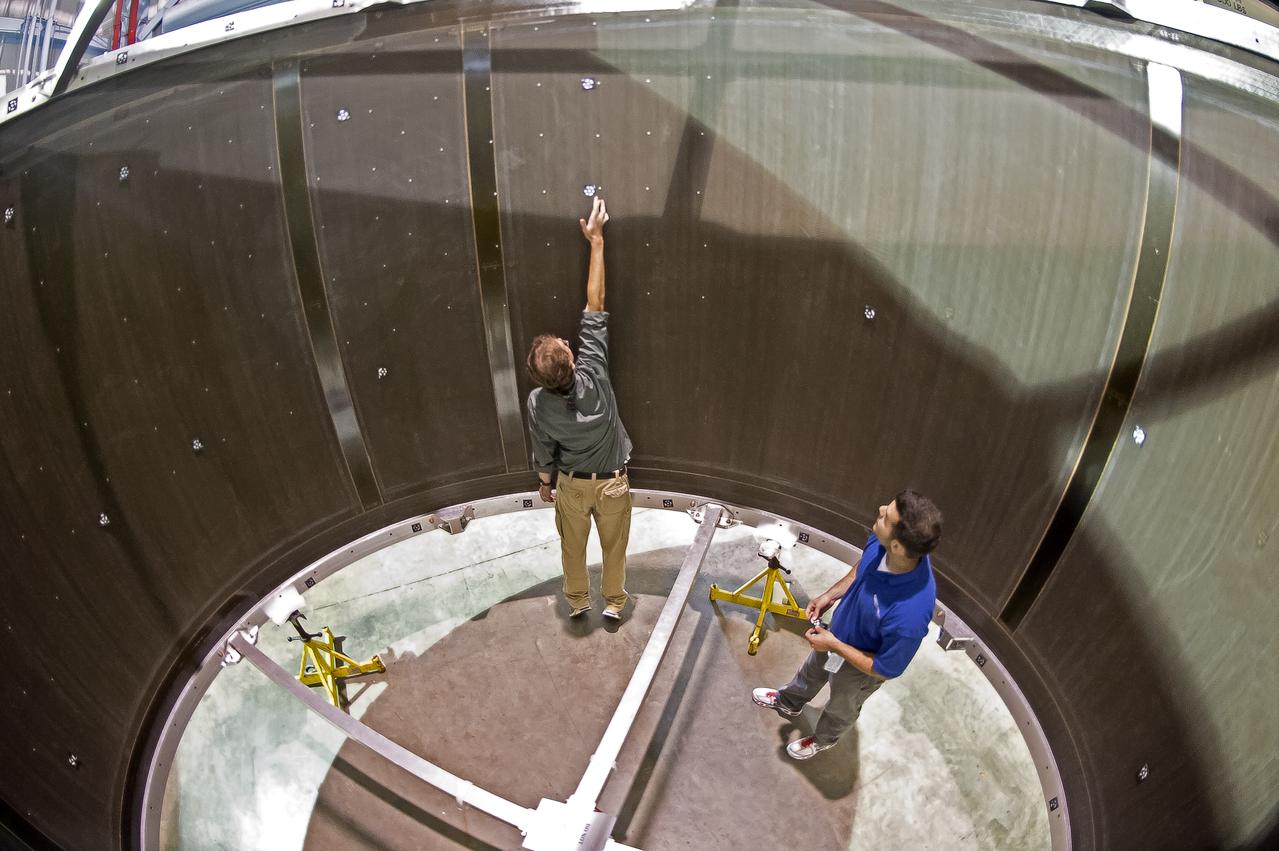 White light shape and measurement of a 13.1 Foot diameter fluted-core sandwich composite test article designed by LaRC and fabricated by Boeing Under Space Act Agreement SAA1-737, Annex 14. to be tested in LaRC's combined Loads Testing System (COLTS). 