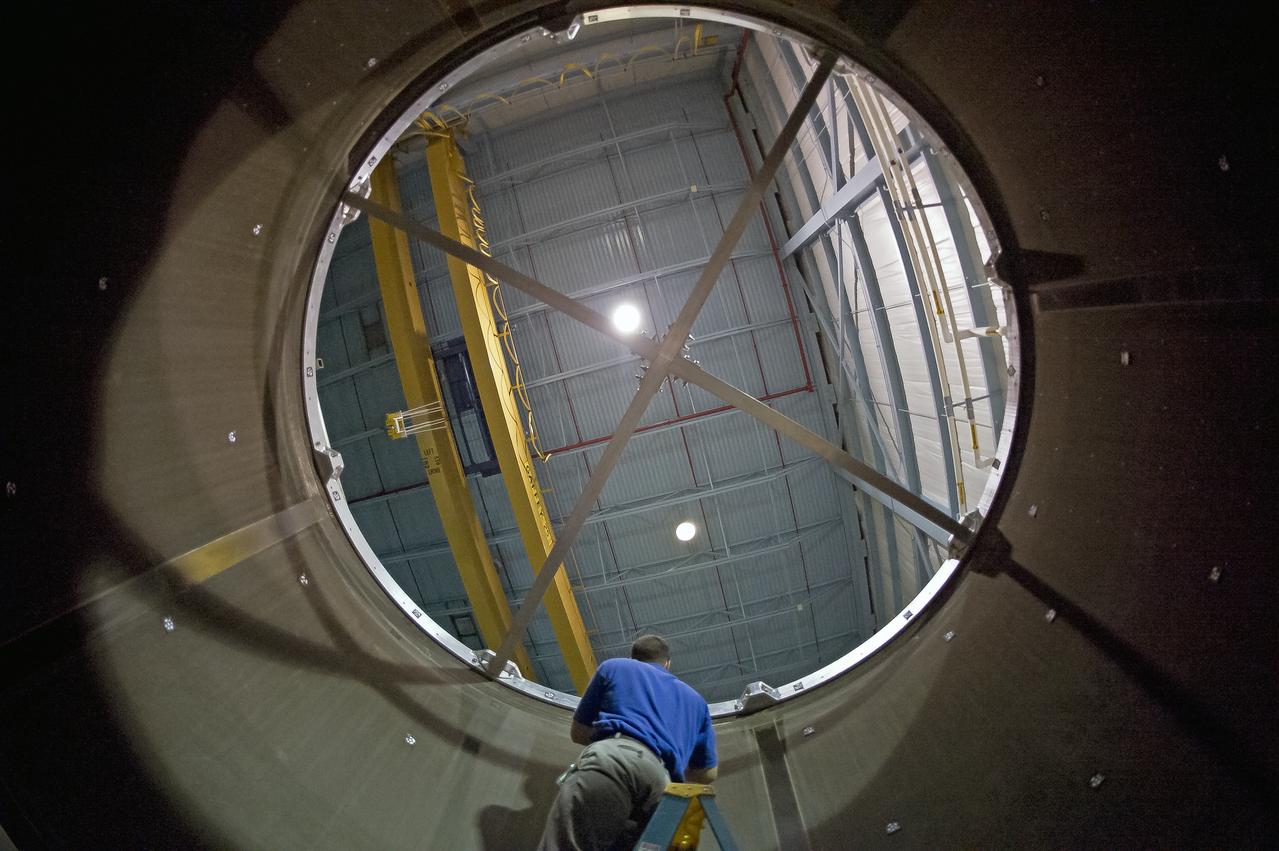 White light shape and measurement of a 13.1 Foot diameter fluted-core sandwich composite test article designed by LaRC and fabricated by Boeing Under Space Act Agreement SAA1-737, Annex 14. to be tested in LaRC's combined Loads Testing System (COLTS). 