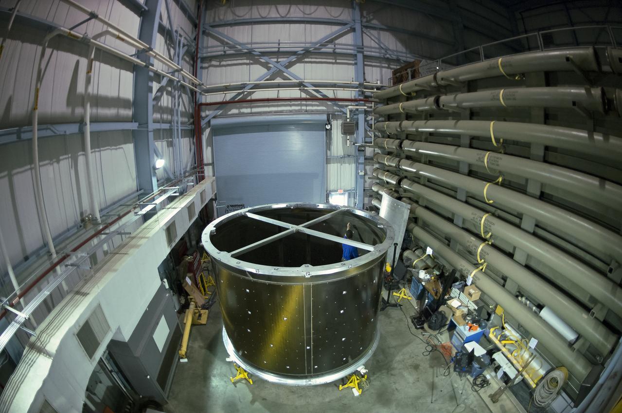 White light shape and measurement of a 13.1 Foot diameter fluted-core sandwich composite test article designed by LaRC and fabricated by Boeing Under Space Act Agreement SAA1-737, Annex 14. to be tested in LaRC's combined Loads Testing System (COLTS). 