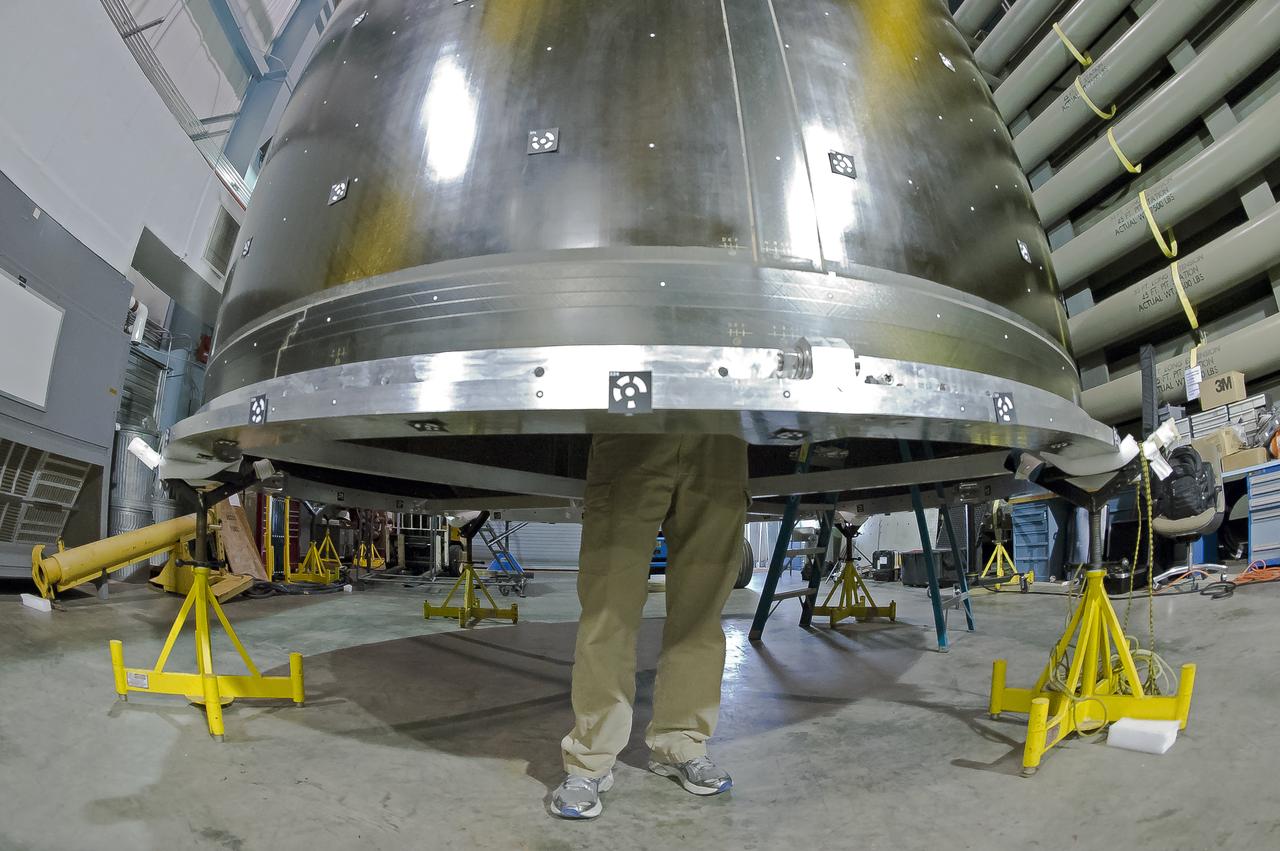 White light shape and measurement of a 13.1 Foot diameter fluted-core sandwich composite test article designed by LaRC and fabricated by Boeing Under Space Act Agreement SAA1-737, Annex 14. to be tested in LaRC's combined Loads Testing System (COLTS). 