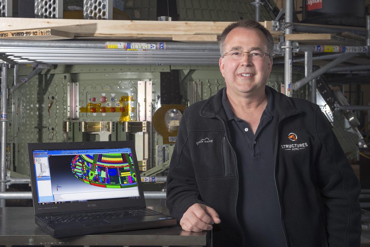 (NESC) NASA Engineering and Safety Center Orion Heat Shield Carrier Structure: Titanium Orthogrid heat shield sub-component  dynamic test article : person in the photo Jim Jeans 