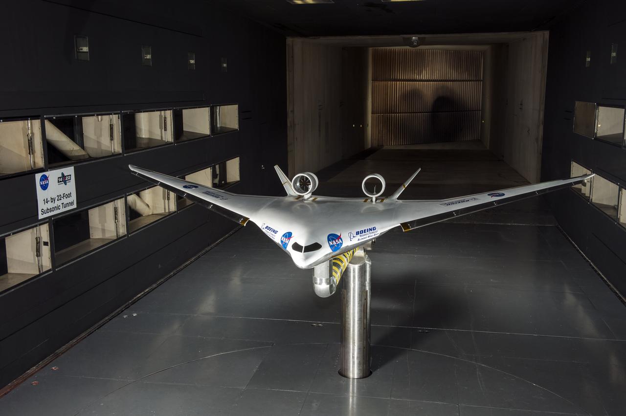 5.75% Scale Boeing BWB-0009G Model in NASA Langley 14x22 Foot Tunnel: Low speed aerodynamics test of BWB model with flow-thru nacelles in Langley 14x22 foot tunnel(test 617)