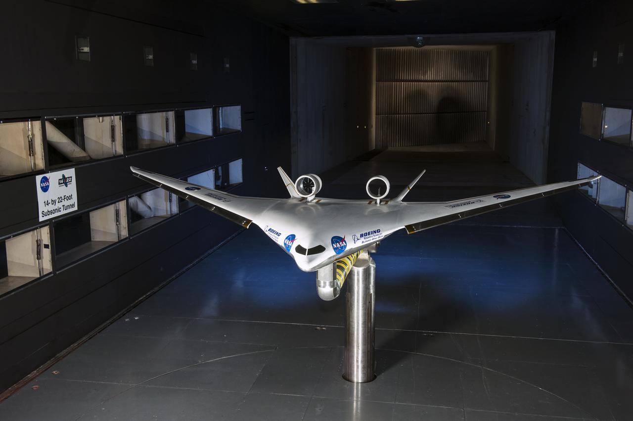 5.75% Scale Boeing BWB-0009G Model in NASA Langley 14x22 Foot Tunnel: Low speed aerodynamics test of BWB model with flow-thru nacelles in Langley 14x22 foot tunnel(test 617)