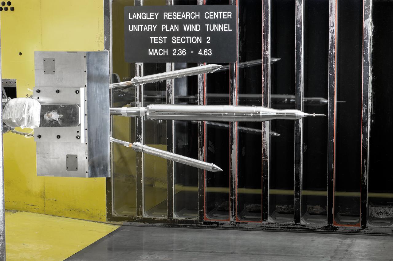 Stage Separation Test of the Space Launch System(SLS) in the Langley Unitary Plan Wind Tunnel (UPWT). The model used High Pressure air blown through the solid rocket boosters. (SRB) to simulate the booster separation motors (BSM) firing.