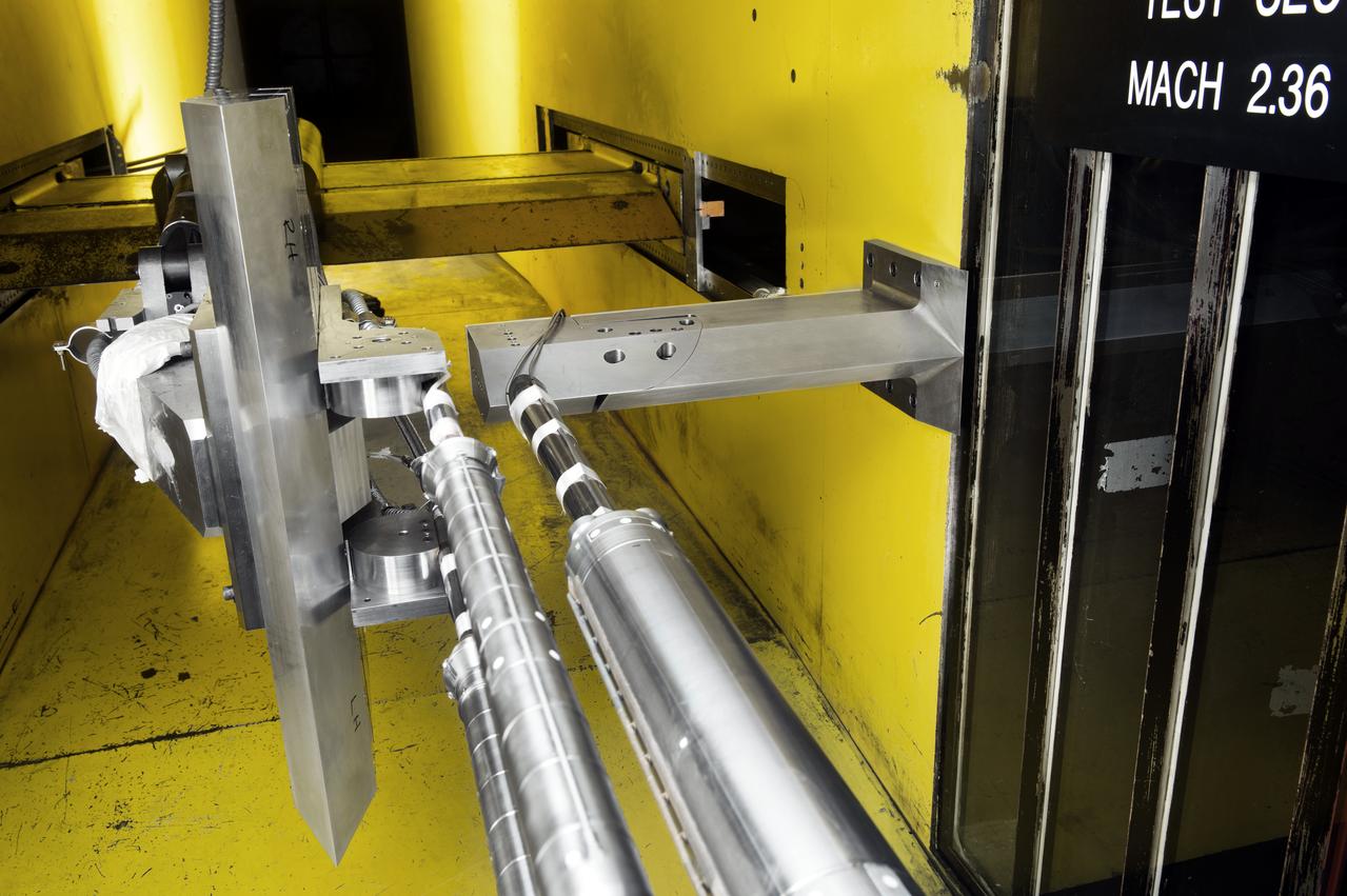 Stage Separation Test of the Space Launch System(SLS) in the Langley Unitary Plan Wind Tunnel (UPWT). The model used High Pressure air blown through the solid rocket boosters. (SRB) to simulate the booster separation motors (BSM) firing.