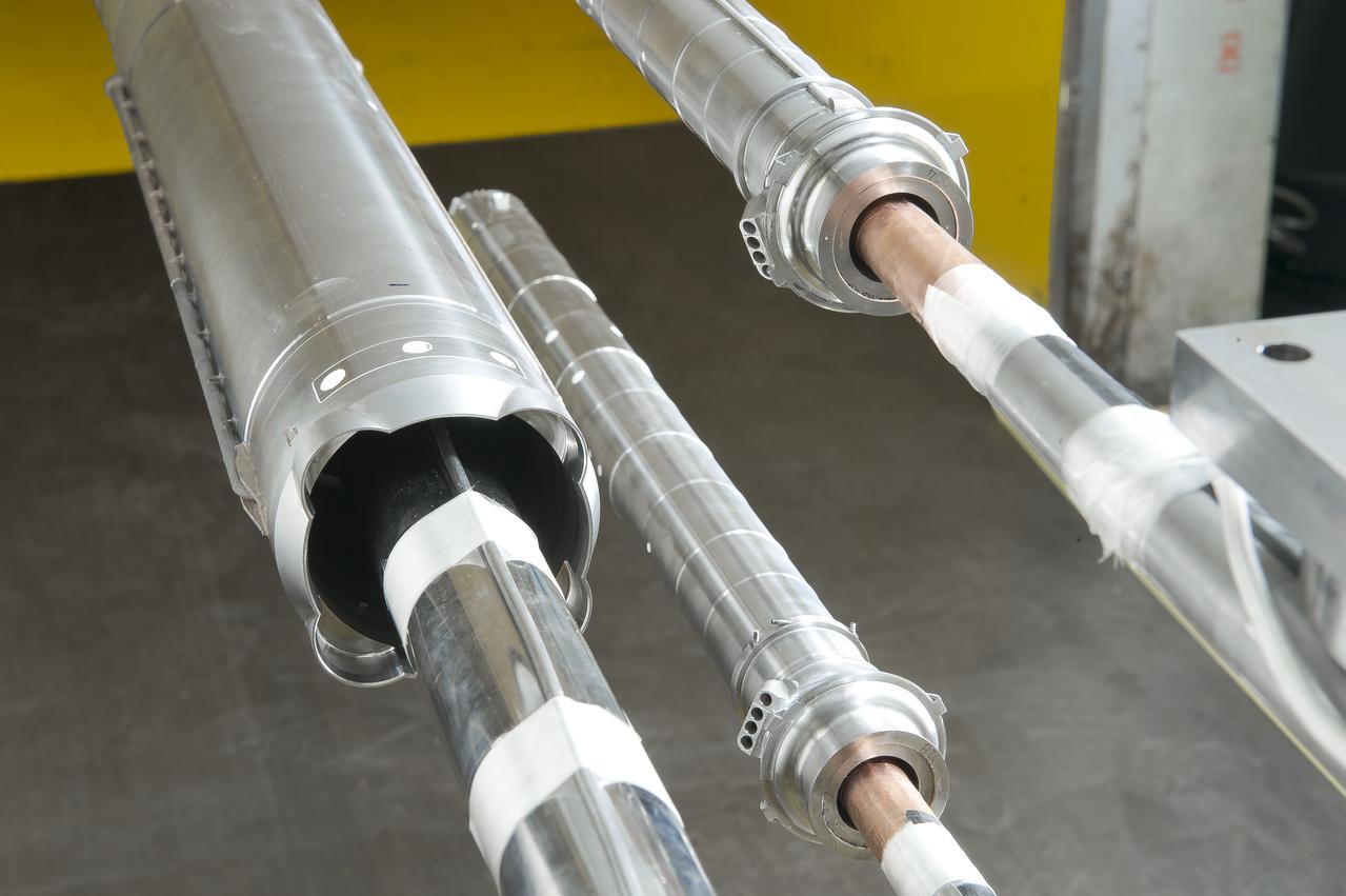 Stage Separation Test of the Space Launch System(SLS) in the Langley Unitary Plan Wind Tunnel (UPWT). The model used High Pressure air blown through the solid rocket boosters. (SRB) to simulate the booster separation motors (BSM) firing.