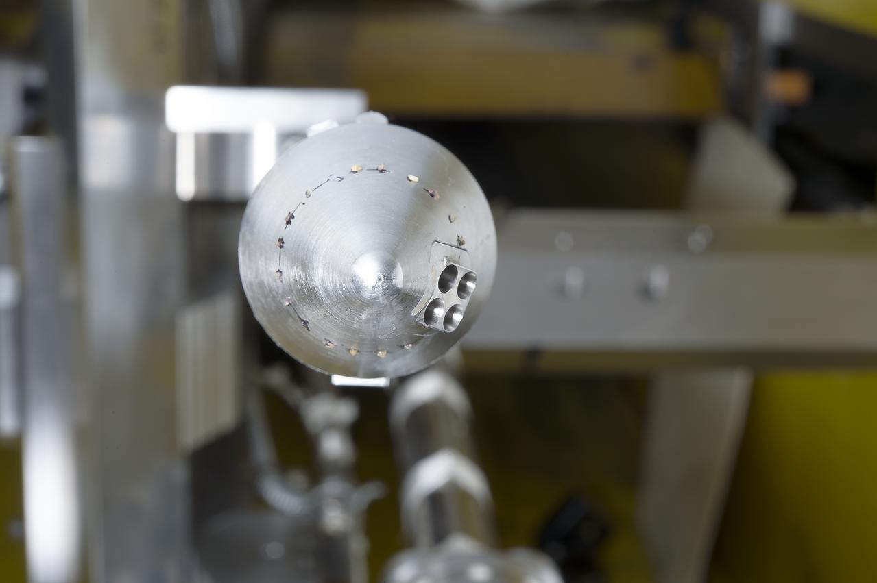 Stage Separation Test of the Space Launch System(SLS) in the Langley Unitary Plan Wind Tunnel (UPWT). The model used High Pressure air blown through the solid rocket boosters. (SRB) to simulate the booster separation motors (BSM) firing.