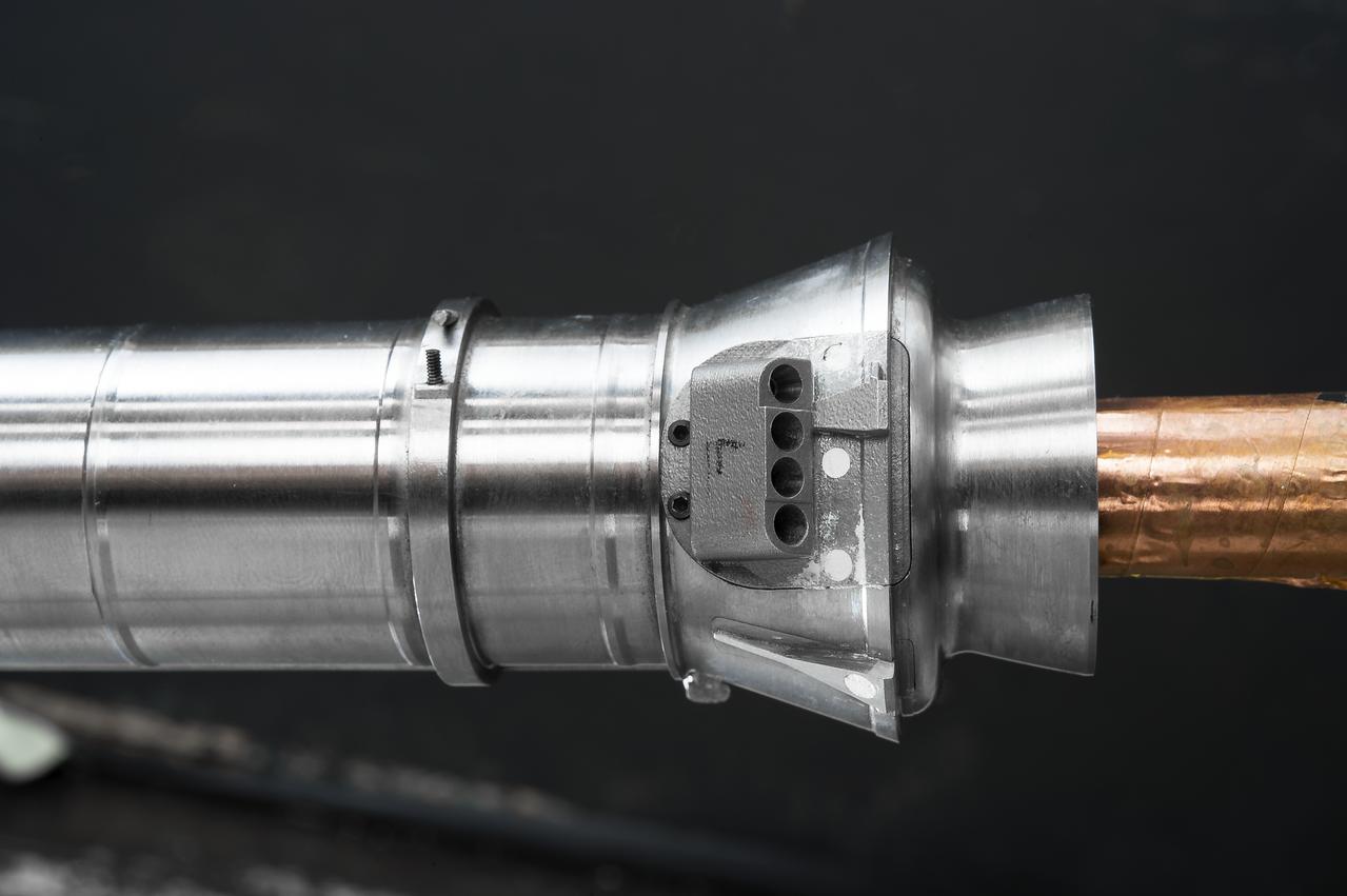 Stage Separation Test of the Space Launch System(SLS) in the Langley Unitary Plan Wind Tunnel (UPWT). The model used High Pressure air blown through the solid rocket boosters. (SRB) to simulate the booster separation motors (BSM) firing.