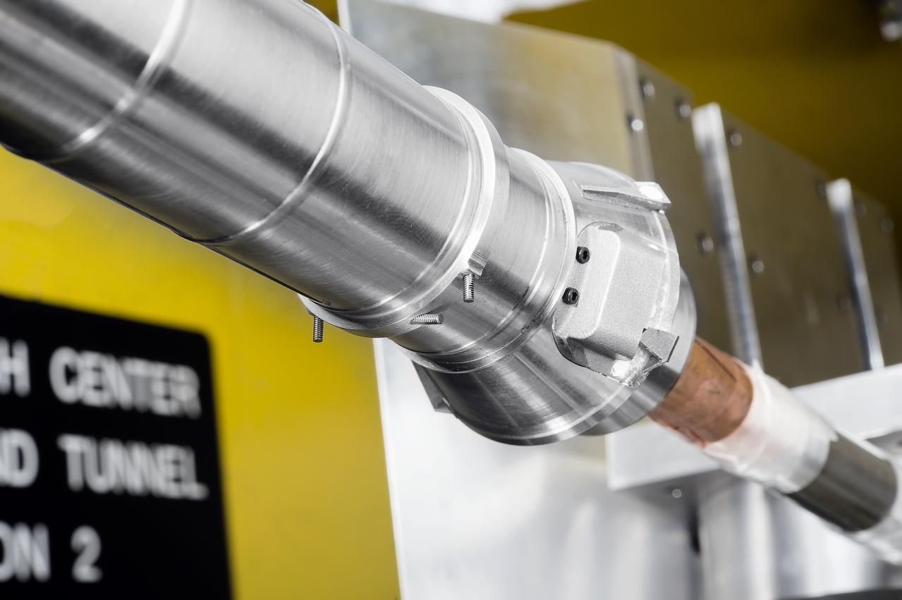 Stage Separation Test of the Space Launch System(SLS) in the Langley Unitary Plan Wind Tunnel (UPWT). The model used High Pressure air blown through the solid rocket boosters. (SRB) to simulate the booster separation motors (BSM) firing.