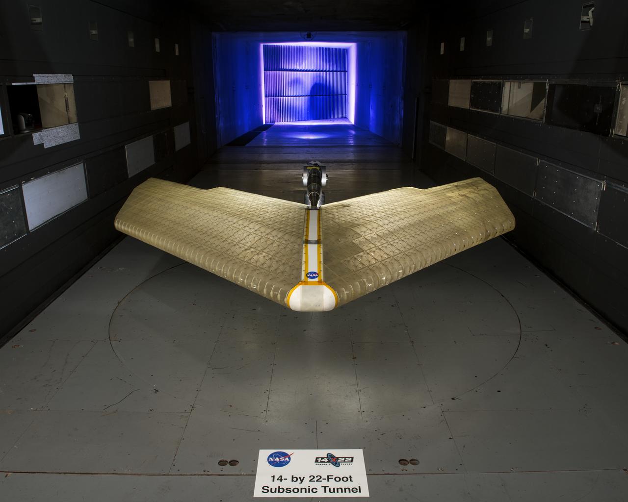 Mission Adaptive Digital Composite Aerostructure Technologies (MADCAT) model in the 14x22 test section, building 1212C. For more information go to NASA.gov article. April 3, 2019 " What is MADCAT? " Flexing Wings for Efficient Flight. 