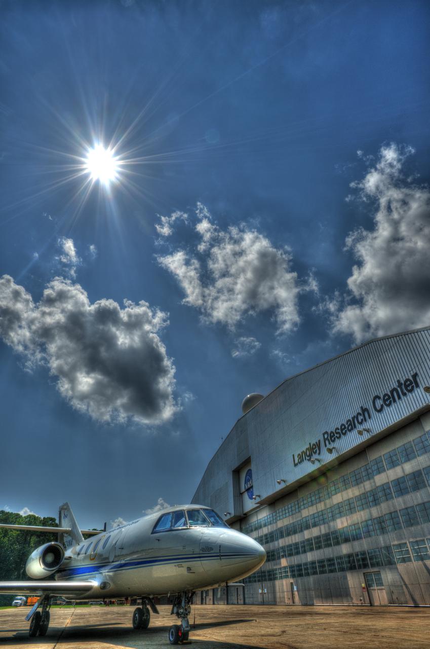 HDR image of the Falcon UH-25 in front of the NASA Langley hangar during the Solar Eclipse. 