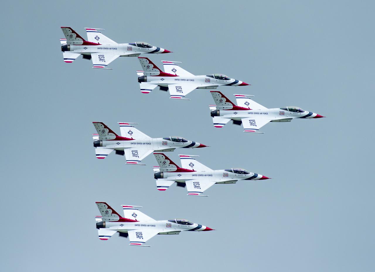The United States Air Force Thunderbirds flying over NASA Langley Research Center while practicing for an air show at Langley Air Force Base Virginia.