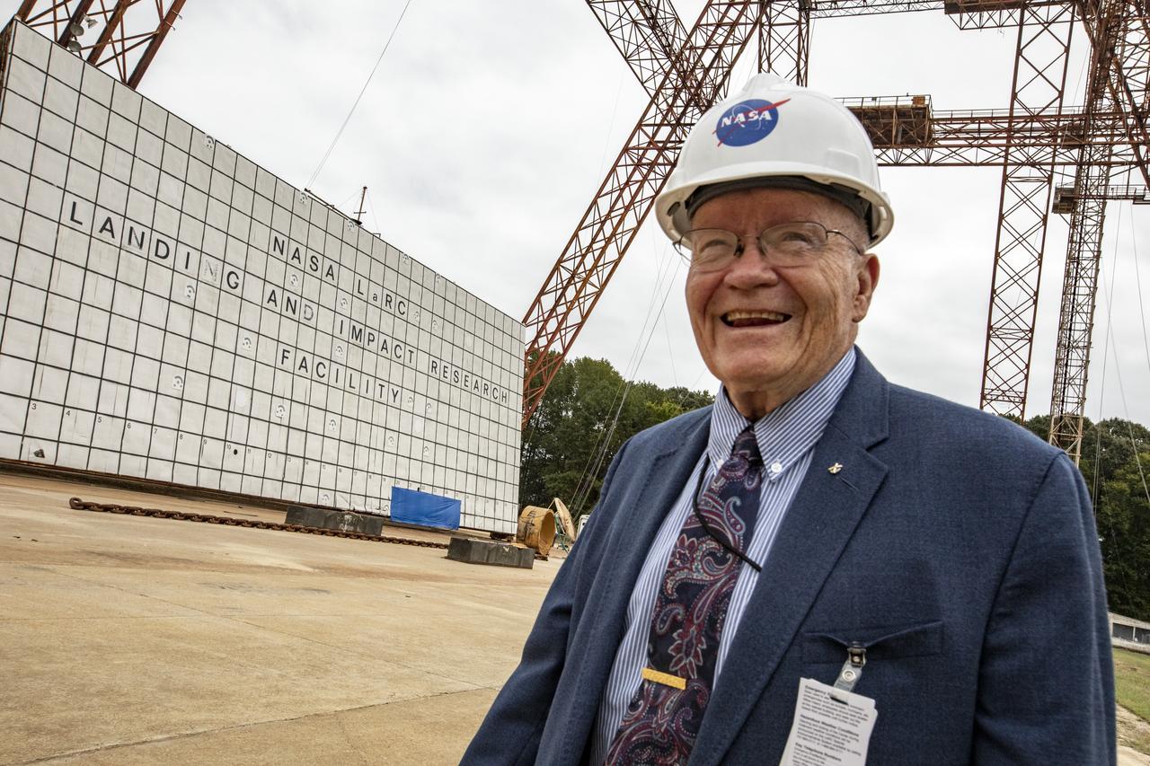 Apollo Astronaut Fred Haise visiting NASA Langley historic gantry where Fred once trained to fly the lunar lander.