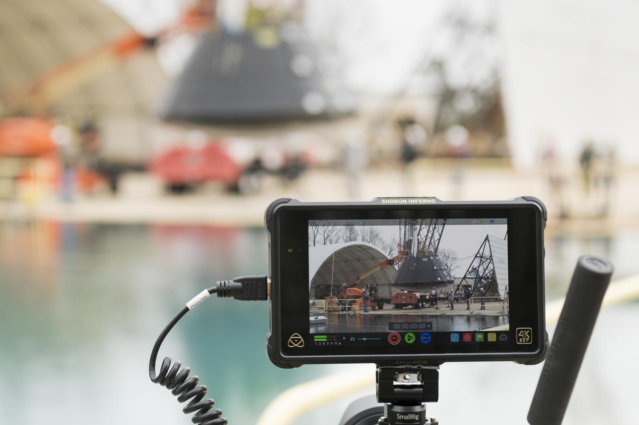Images of Structural Test Article (STA) vertical water impact testing (WIT) testing at Impact Dynamics Facility NASA Langley Research Center. 