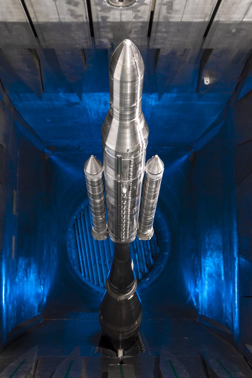 Photograph of the Space Launch System (SLS), inside the National Transonic Facility (NTF) test section. Located at NASA Langley Research Center. 