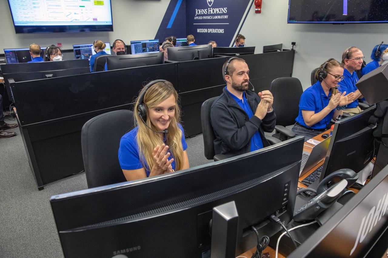 NASA’s Double Asteroid Redirection Test (DART) command team at Johns Hopkins University, Applied Physics Laboratory monitoring the DART spacecraft’s impact into the asteroid Dimorphos. The operation is the first of its kind test to redirect deadly asteroids from hitting Earth.  