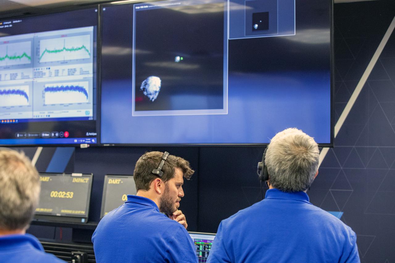 NASA’s Double Asteroid Redirection Test (DART) command team at Johns Hopkins University, Applied Physics Laboratory monitoring the DART spacecraft’s impact into the asteroid Dimorphos. The operation is the first of its kind test to redirect deadly asteroids from hitting Earth.  
