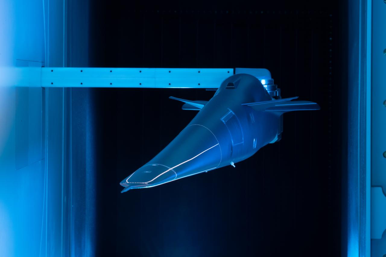 Event: Forebody and Nose - Windtunnel Testing A model of the X-59 forebody is shown in the Lockheed Martin Skunk Works’ wind tunnel in Palmdale, California. These tests gave the team measurements of wind flow angle around the aircraft’s nose and confirmed computer predictions made using computational fluid dynamics (CFD) software tools. The data will be fed into the aircraft flight control system to tell the pilot the aircraft’s altitude, speed and angle. This is part of NASA’s Quesst mission which plans to help enable supersonic air travel over land.