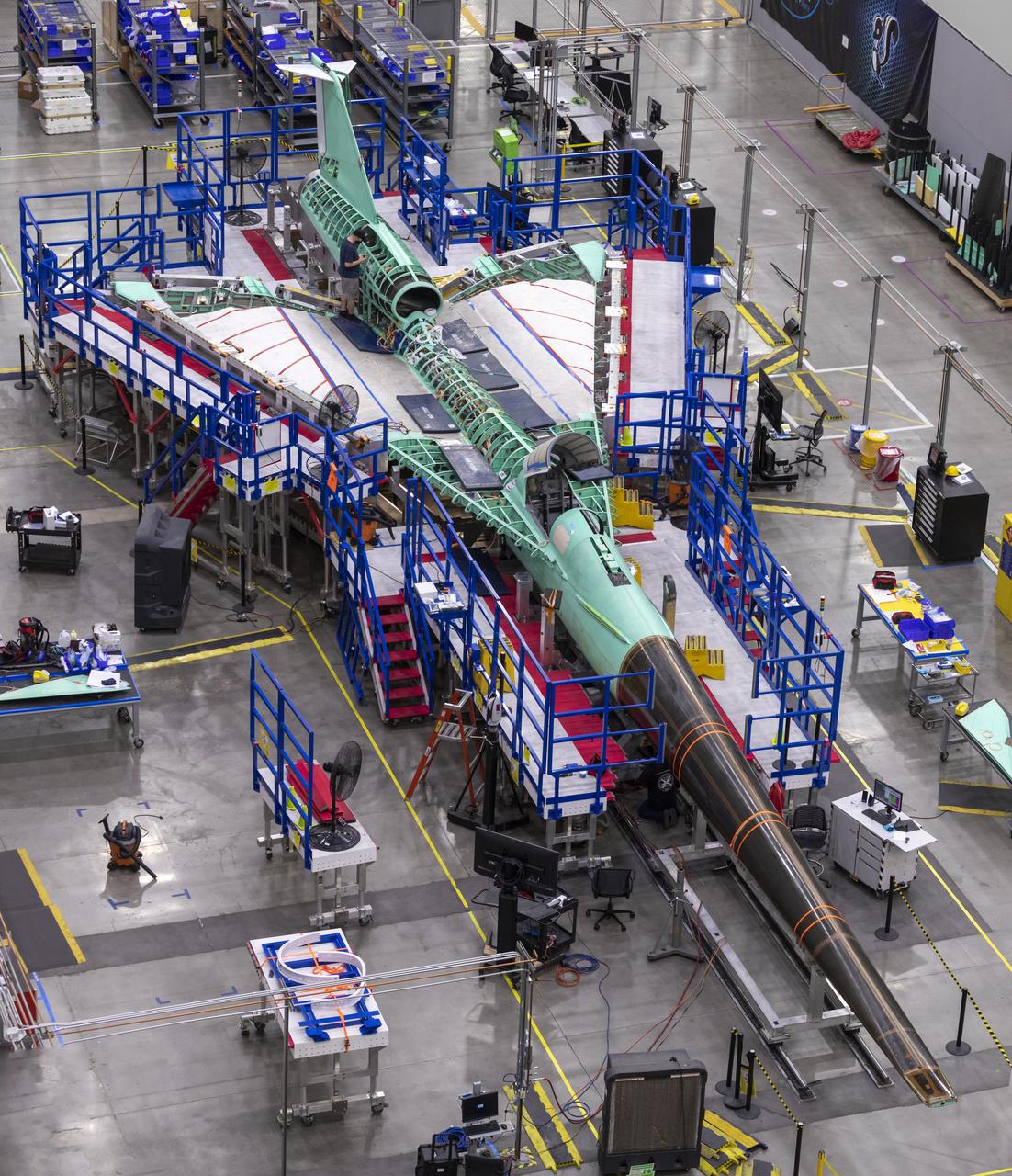 A overhead view of the X-59 with its nose on. The X-59’s nose is 38-feet long – approximately one third of the length of the entire aircraft. The plane is under construction at Lockheed Martin Skunk Works in Palmdale, California, will fly to demonstrate the ability to fly supersonic while reducing the loud sonic boom to a quiet sonic thump.