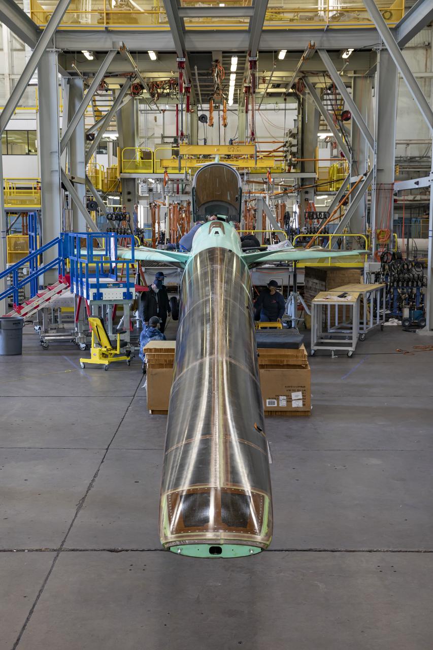 NASA’s X-59 undergoes a structural stress test at a Lockheed Martin facility in Fort Worth, Texas. The X-59’s nose makes up one third of the aircraft, at 38-feet in length. The X-59 is a one-of-a-kind airplane designed to fly at supersonic speeds without making aa startling sonic boom sound for the communities below. This is part of NASA’s Quesst mission which plans to help enable supersonic air travel over land