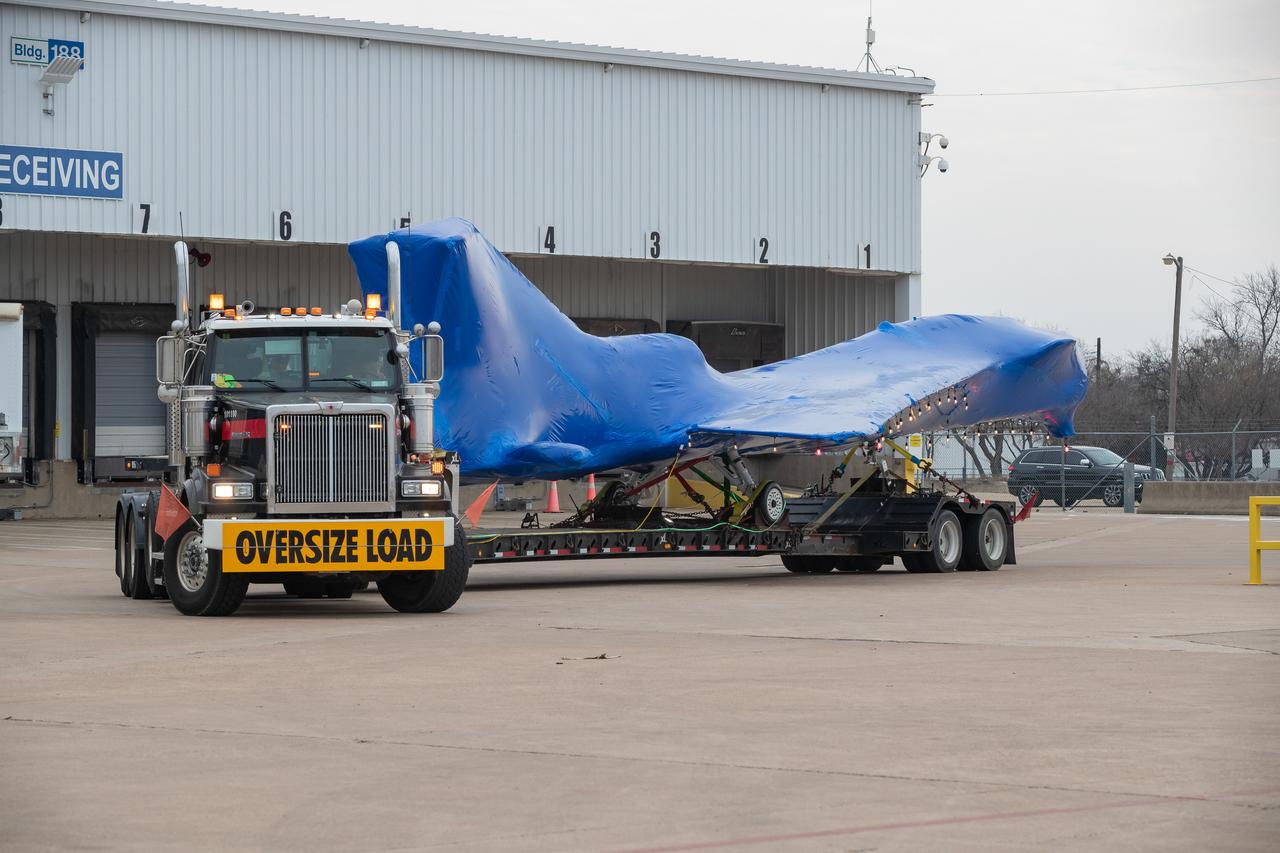The X-59 arrives in Fort Worth, Texas from Palmdale, California, ready to undergo some important structural and fuel tests at the Lockheed Martin facility. The bright blue wrap around the X-plane is a precautionary measure to keep the exterior of the X-59 safe as it traveled through multiple states on its way to Texas.