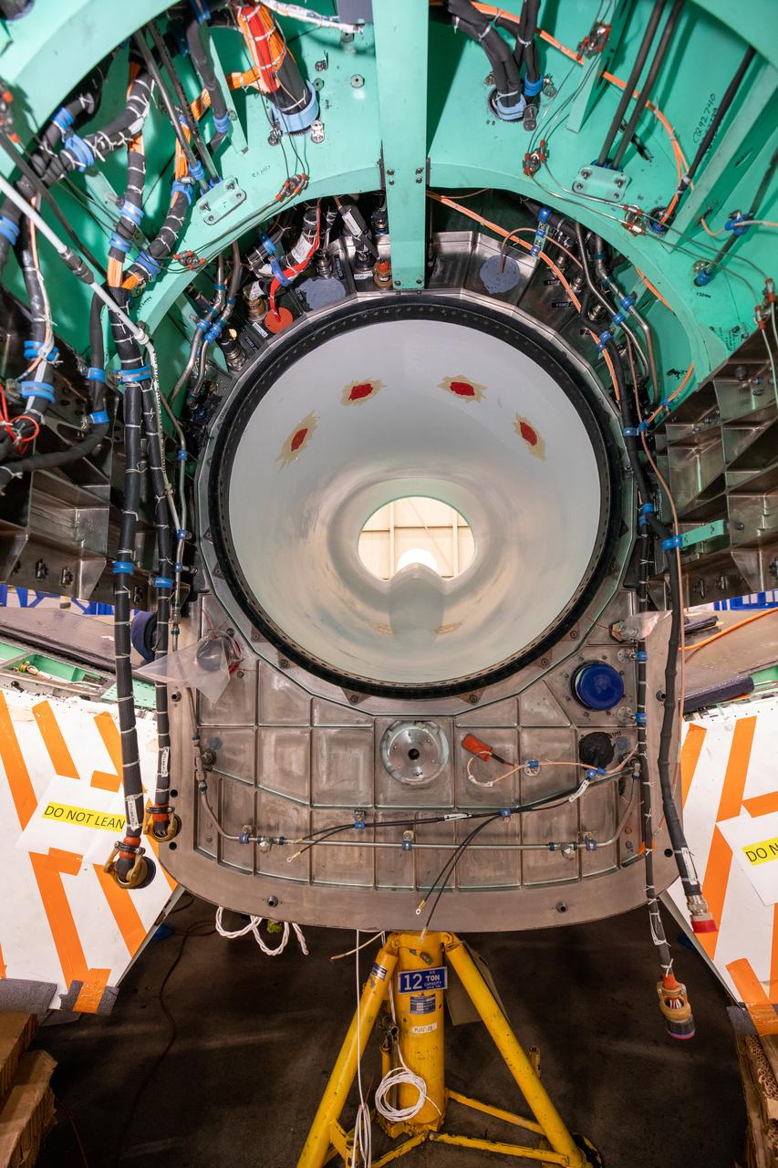 This image shows the X-59’s engine inlet from the aft view, which is the rear of the airplane, looking forward. Once the aircraft and ground testing are complete, the X-59 will undergo flight testing, which will demonstrate the plane’s ability to fly supersonic - faster than the speed of sound - while reducing the loud sonic boom. This could enable commercial supersonic air travel over land again. 