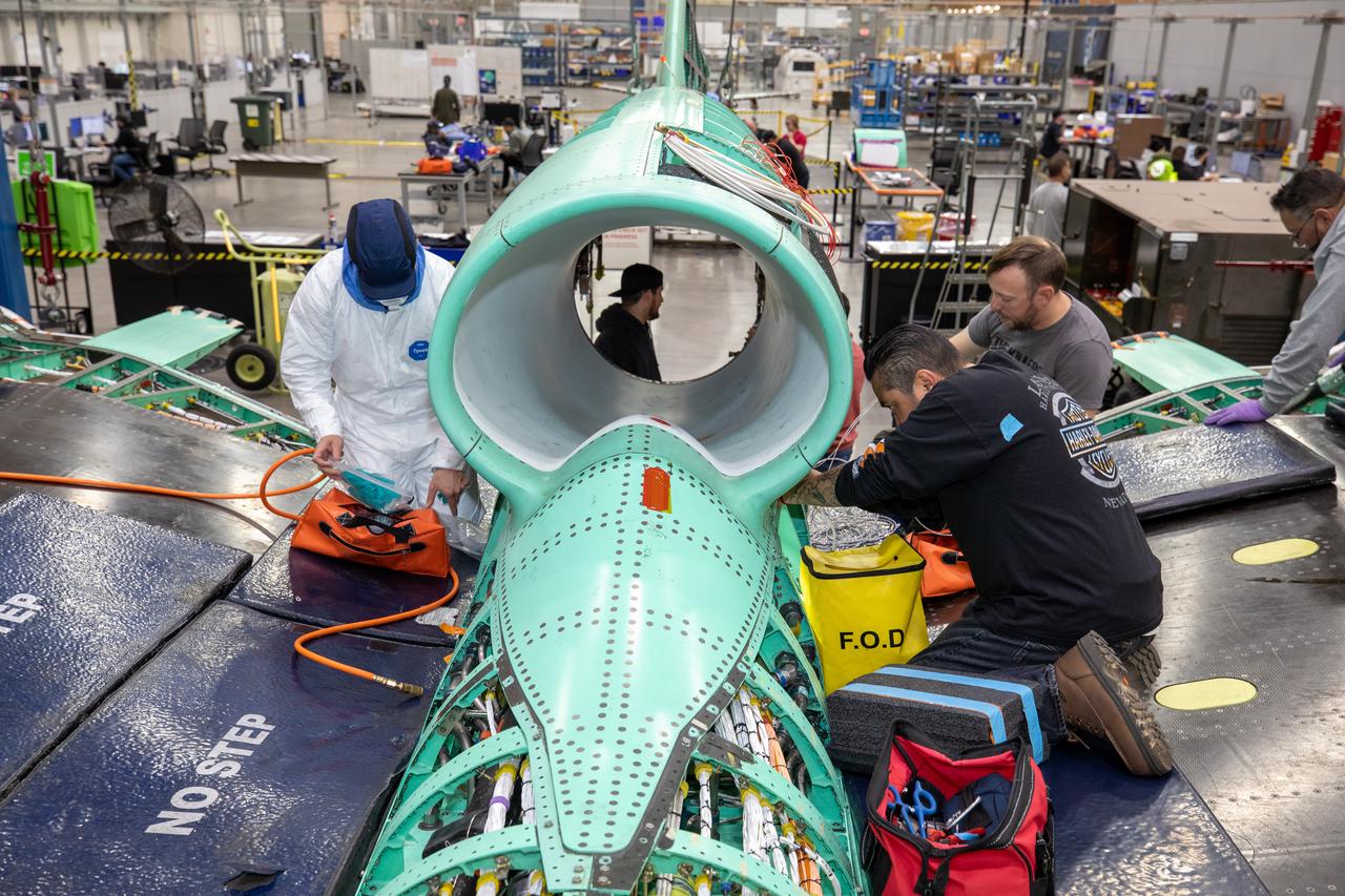 The X-59 team working on the aircraft’s wiring around the engine inlet prior to the engine being installed.  Once complete, the X-59 is designed to fly supersonic while reducing the loud sonic boom. The Quesst mission could help change the rules for commercial supersonic air travel over land. 