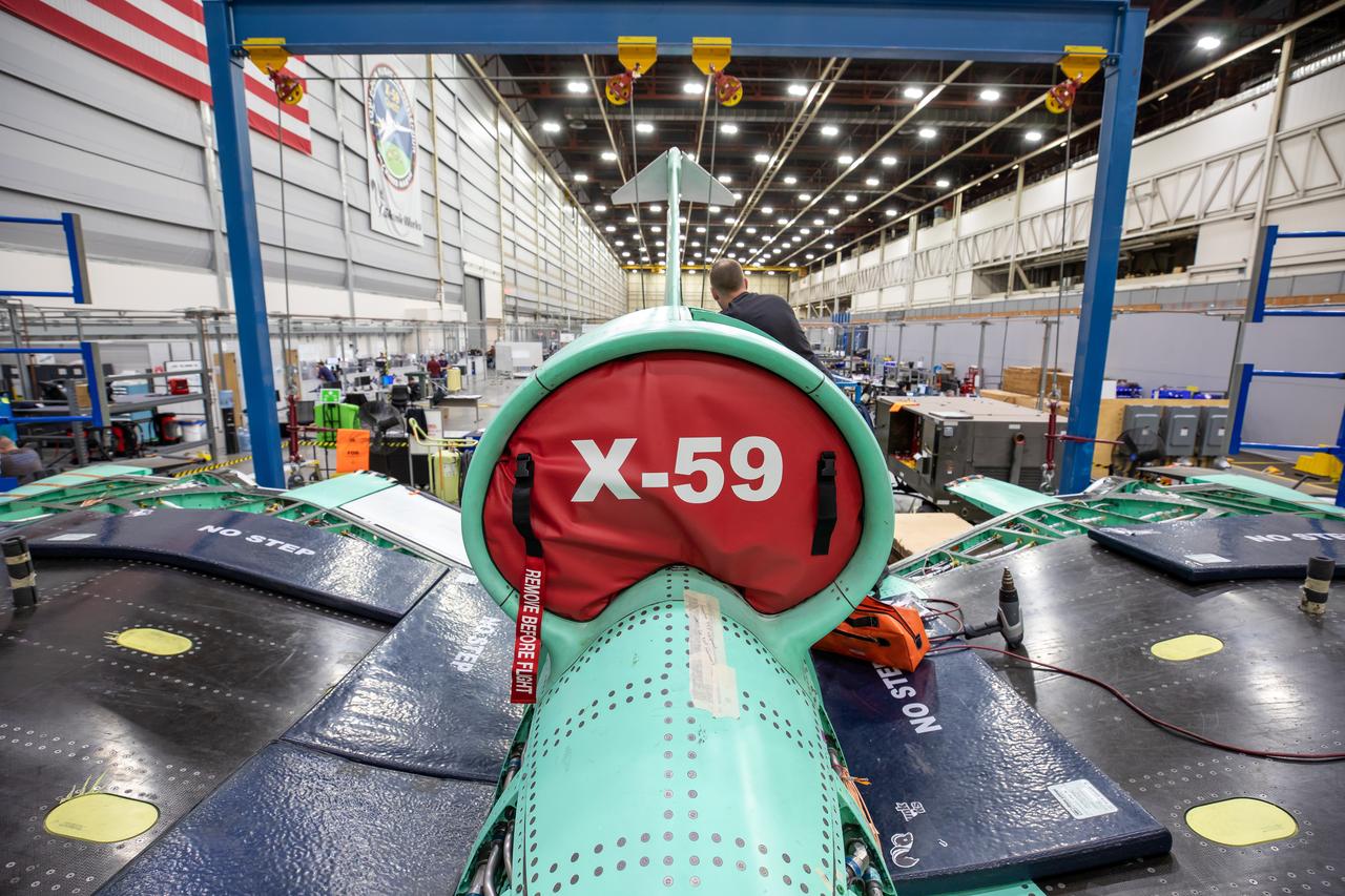 This is an image of the X-59 inlet with a safety covering. The inlet’s purpose is to adjust air speeds before they pass through the aircraft’s engine. The purpose of the covering is to protect the inlet and engine from foreign objects.