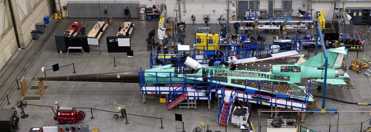 An overhead view of the X-59 during assembly in spring 2023. Assembly took place at Lockheed Martin’s Skunk Works facility in Palmdale, California.  Once complete, the X-59 is designed to fly supersonic while reducing the loud sonic boom. The Quesst mission could help change the rules for commercial supersonic air travel over land. 