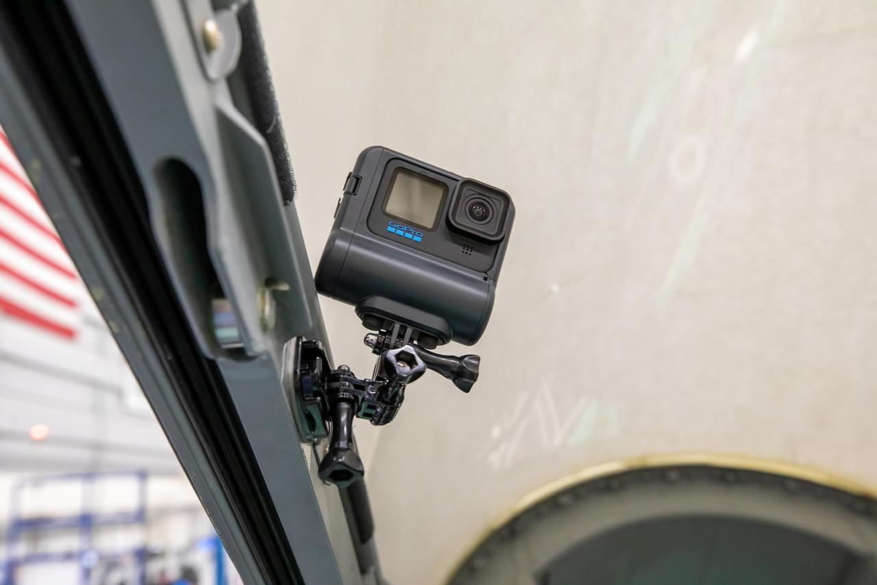 A Go-Pro is mounted on the inside of the X-59’s cockpit to capture the pilots activities during flight.  
