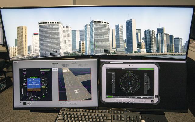 Air taxi urban air space simulation control screens from the pilot perspective
