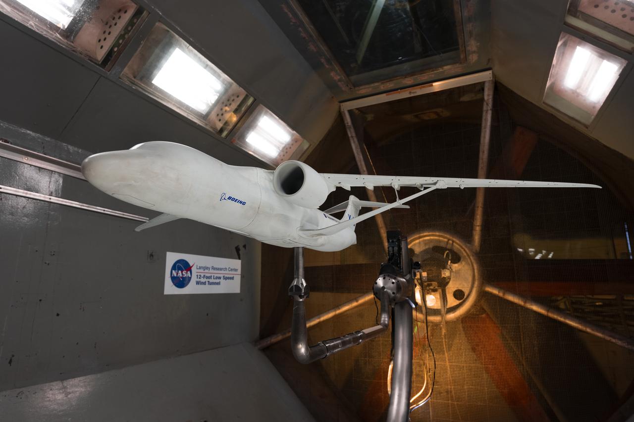 A model of the X-66 aircraft with a wingspan of almost 6 feet was placed in the 12-Foot Low-Speed Wind Tunnel at NASA’s Langley Research Center in Hampton, Virginia on October 30, 2024. During the tests, the team captured measurements of forces such as lift and drag over many aerodynamic configurations and flight conditions.
