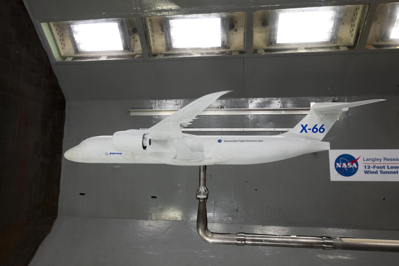 A model of the X-66 aircraft with a wingspan of almost 6 feet was placed in the 12-Foot Low-Speed Wind Tunnel at NASA’s Langley Research Center in Hampton, Virginia on October 30, 2024. During the tests, the team captured measurements of forces such as lift and drag over many aerodynamic configurations and flight conditions.