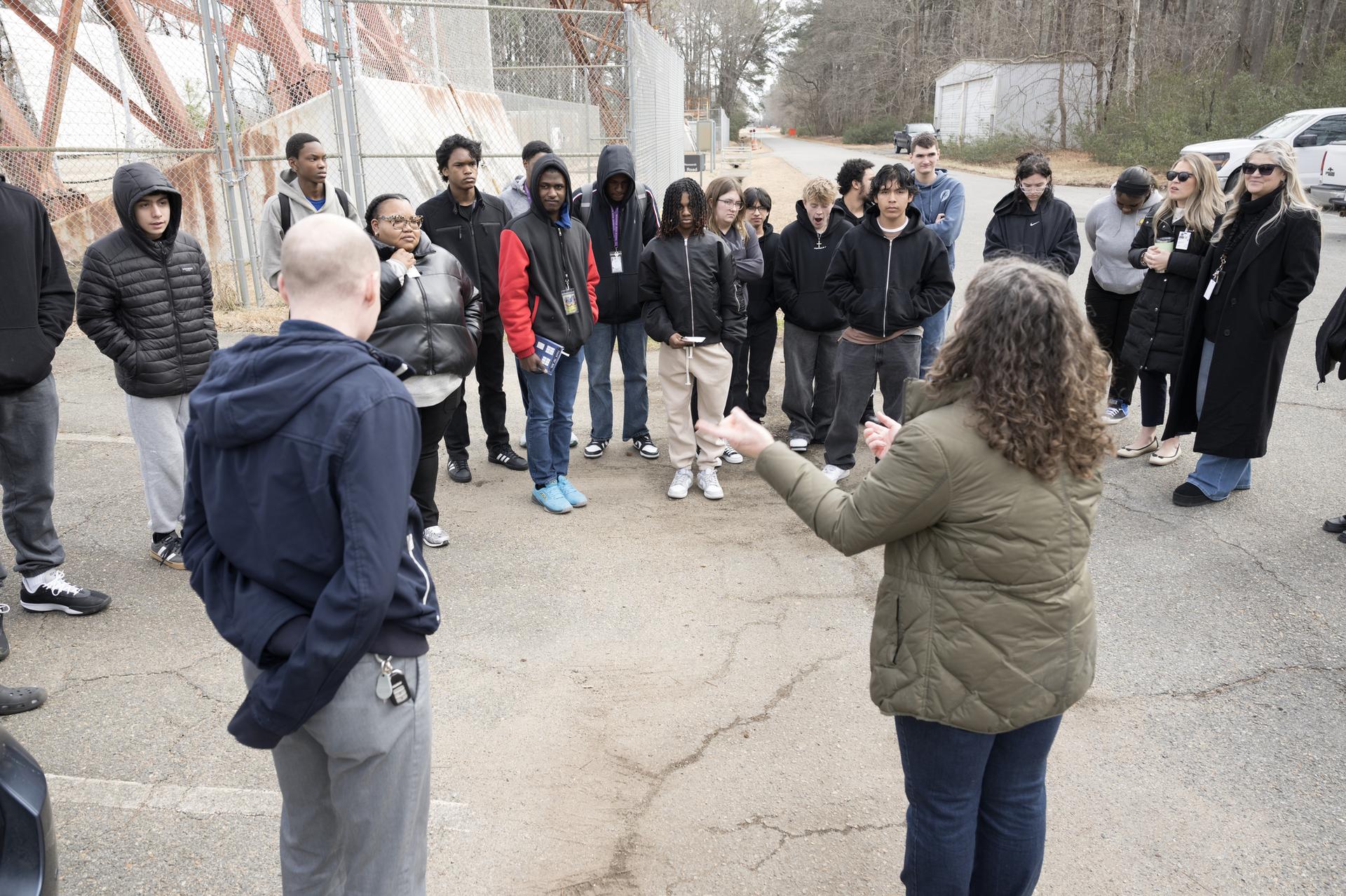 Old Dominion University's (ODU) Maritime Engineering and Environmental Studies Academy (MEESA) lab school juniors, tour the NASA Langley’s Landing and Impact Research Facility (LandIR), also know as the Gantry. The students were task to create an exhibit for the Vestil Aluminum/Steel Crane (VASC) of the crane used to build the Gantry.
