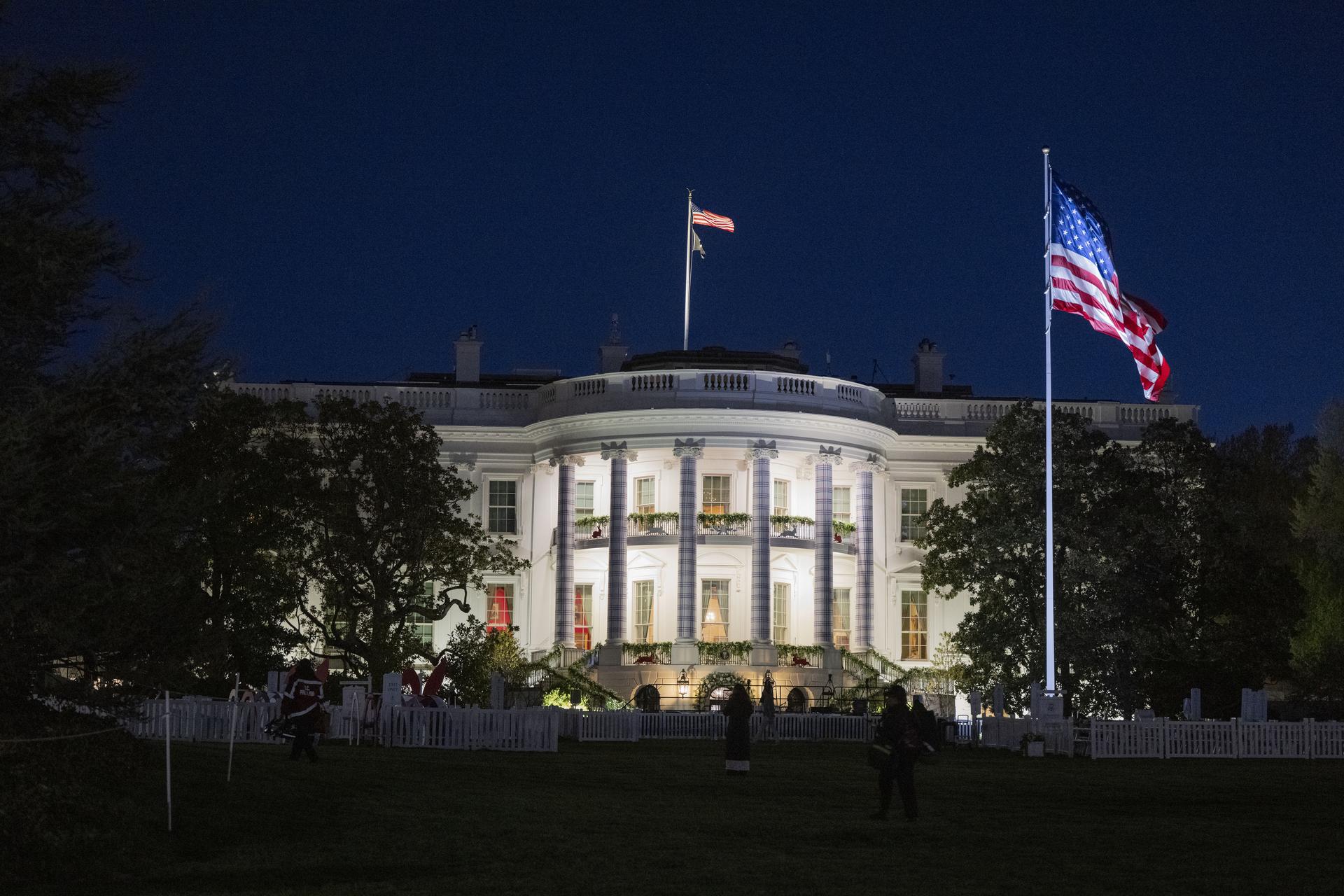 The White House is seen before sunrise ahead of the White House Easter Egg Roll on the South Lawn in Washington D.C., on April 6, 2026. Photo Credit: (NASA/Crystal R. Hines)