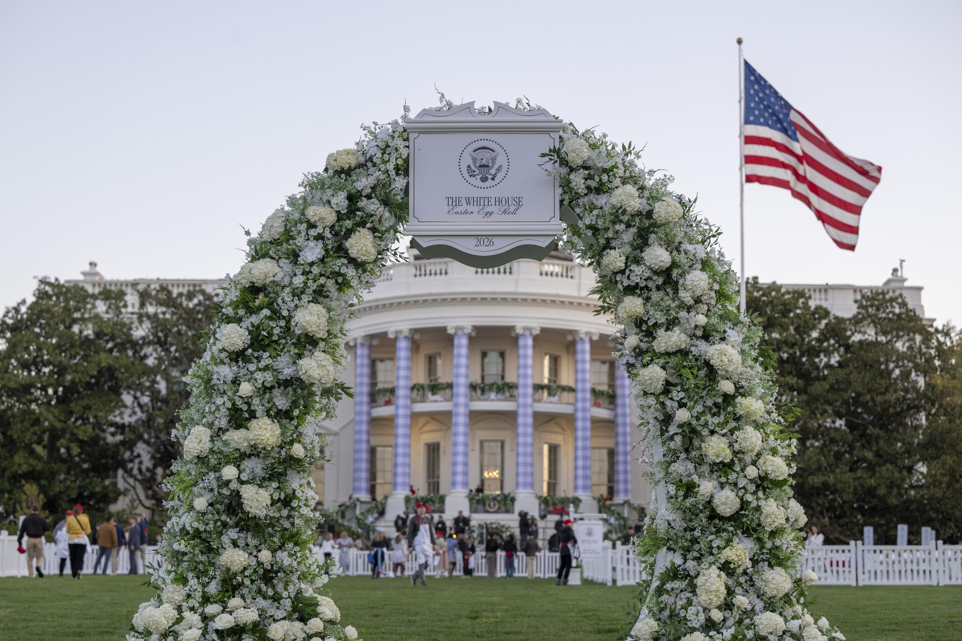 The White House is seen at sunrise ahead of the White House Easter Egg Roll, on the South Lawn in Washington D.C., on April 6, 2026. Photo Credit: (NASA/Crystal R. Hines)