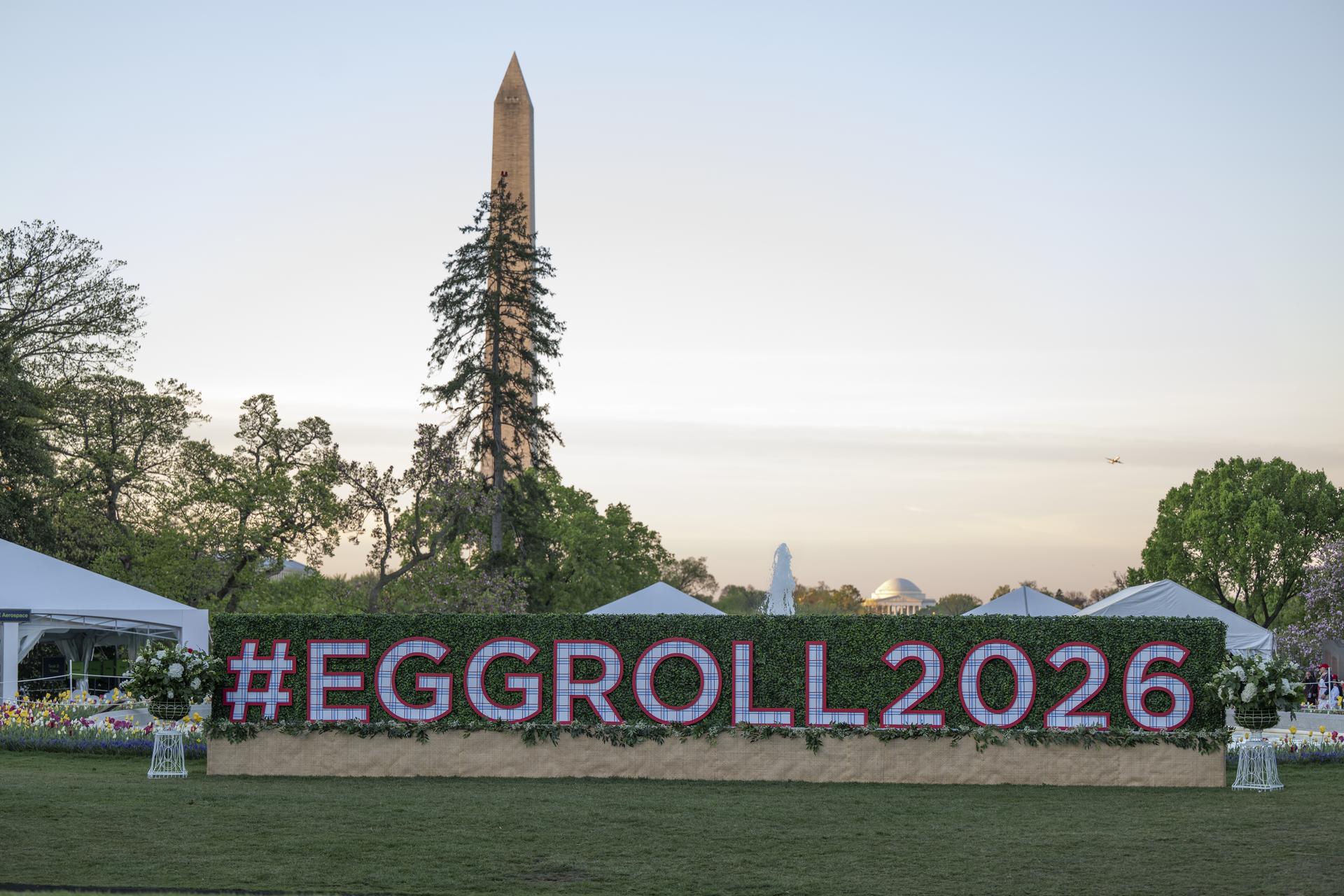 White House Easter Egg Roll decoration and signage is on the South Lawn, with the Washington Monument,  in Washington D.C., on April 6, 2026. Photo Credit: (NASA/Crystal R. Hines)