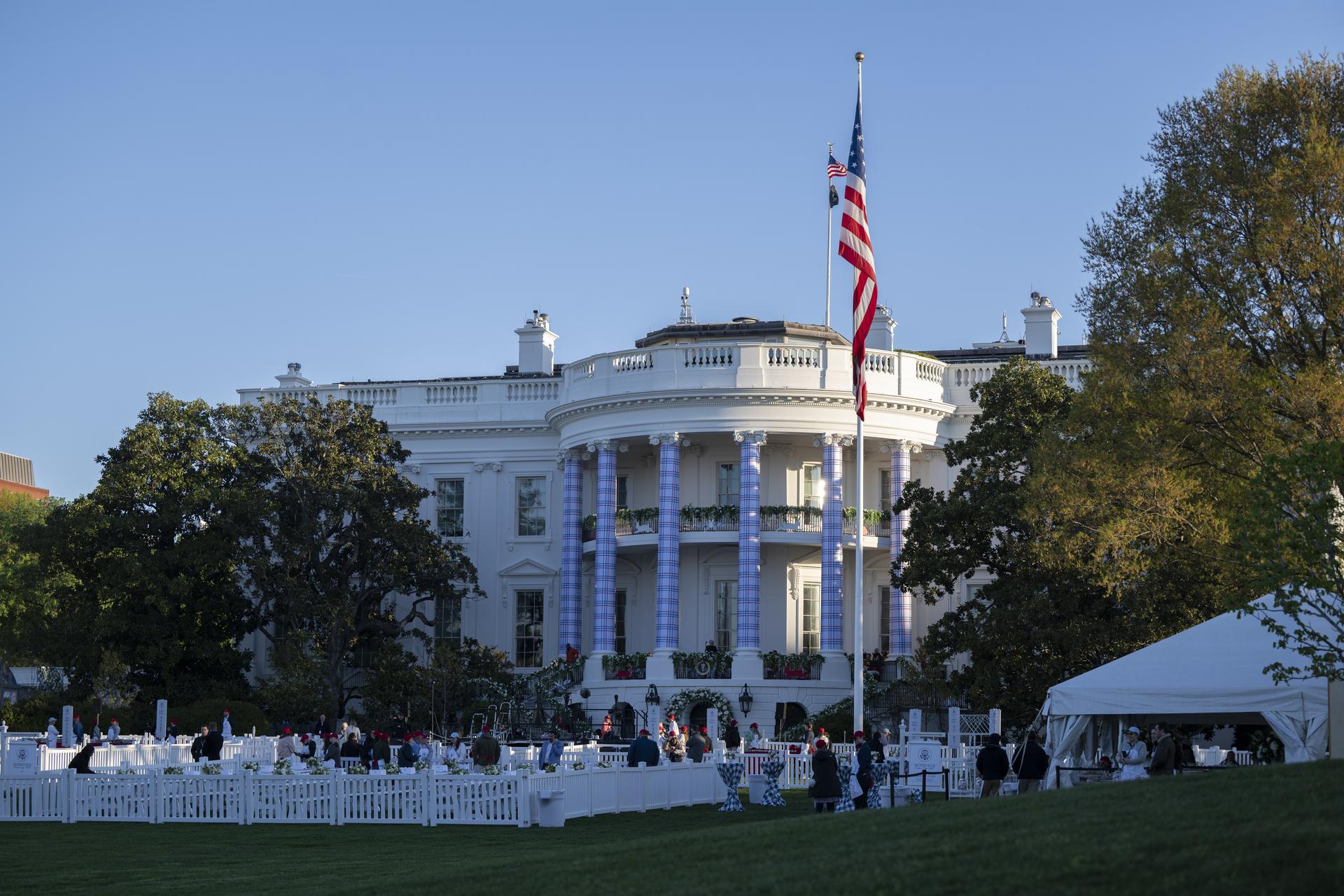 The White House is seen just after sunrise ahead of the White House Easter Egg Roll on the South Lawn in Washington D.C., on April 6, 2026. Photo Credit: (NASA/Crystal R. Hines)