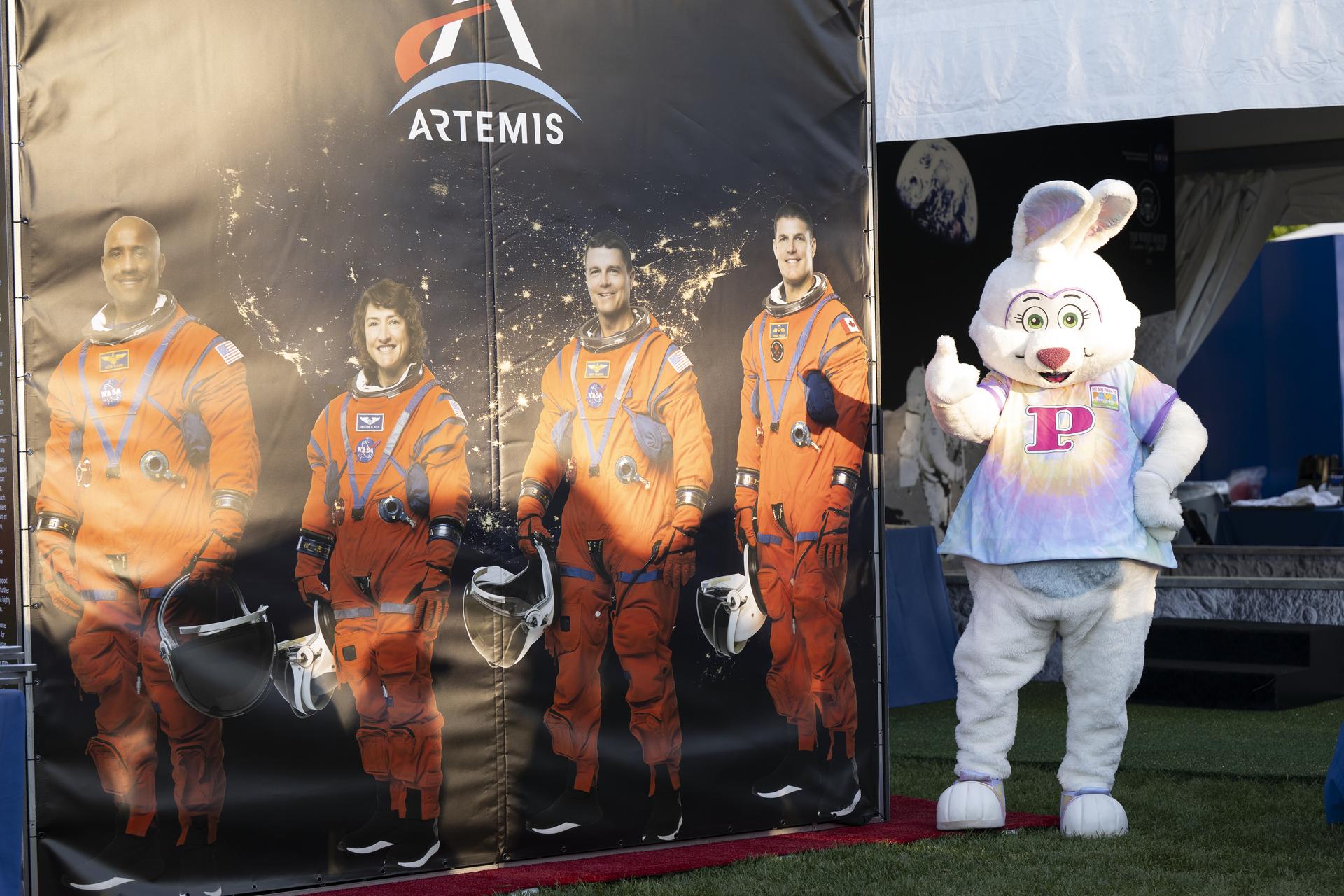 The Easter Bunny poses at the Artemis photo booth, at the White House Easter Egg Roll, on the South Lawn in Washington D.C., on April 6, 2026. Photo Credit: (NASA/Crystal R. Hines)