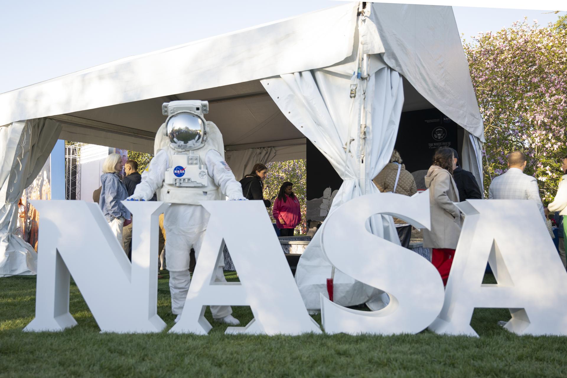 Spacey Casey poses at the NASA Letters on the South Lawn in Washington D.C., on April 6, 2026. Photo Credit: (NASA/Crystal R. Hines)