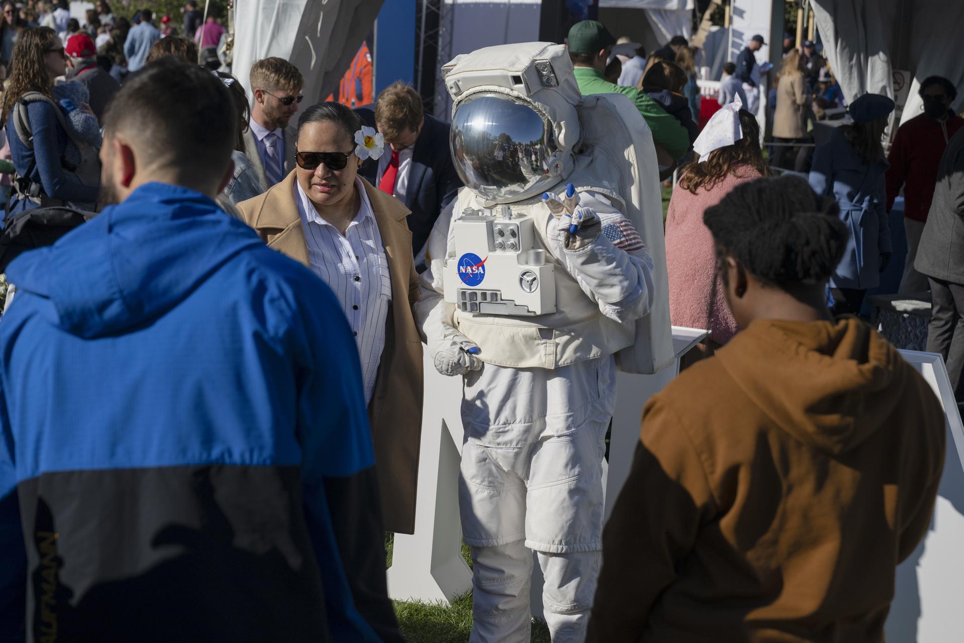 Spacey Casey interacts with guests during the White House Easter Egg Roll, on the South Lawn in Washington D.C., on April 6, 2026. (Photo Credit: (NASA/Crystal R. Hines)