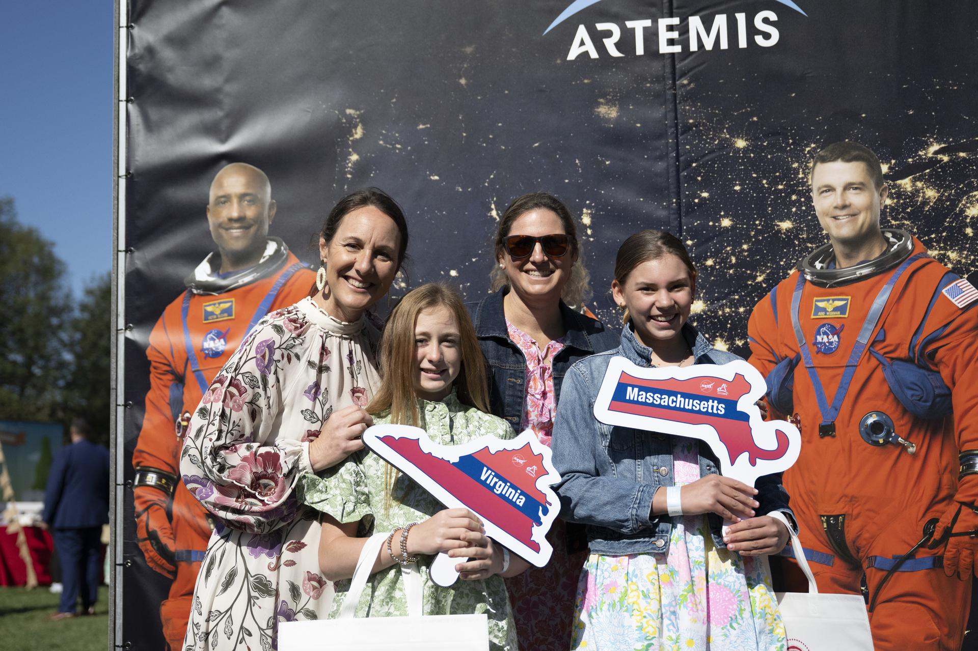 Guests pose in the NASA Artemis Photo Booth at the White House Easter Egg Roll, on the South Lawn in Washington D.C., on April 6, 2026. (Photo Credit: (NASA/Crystal R. Hines)