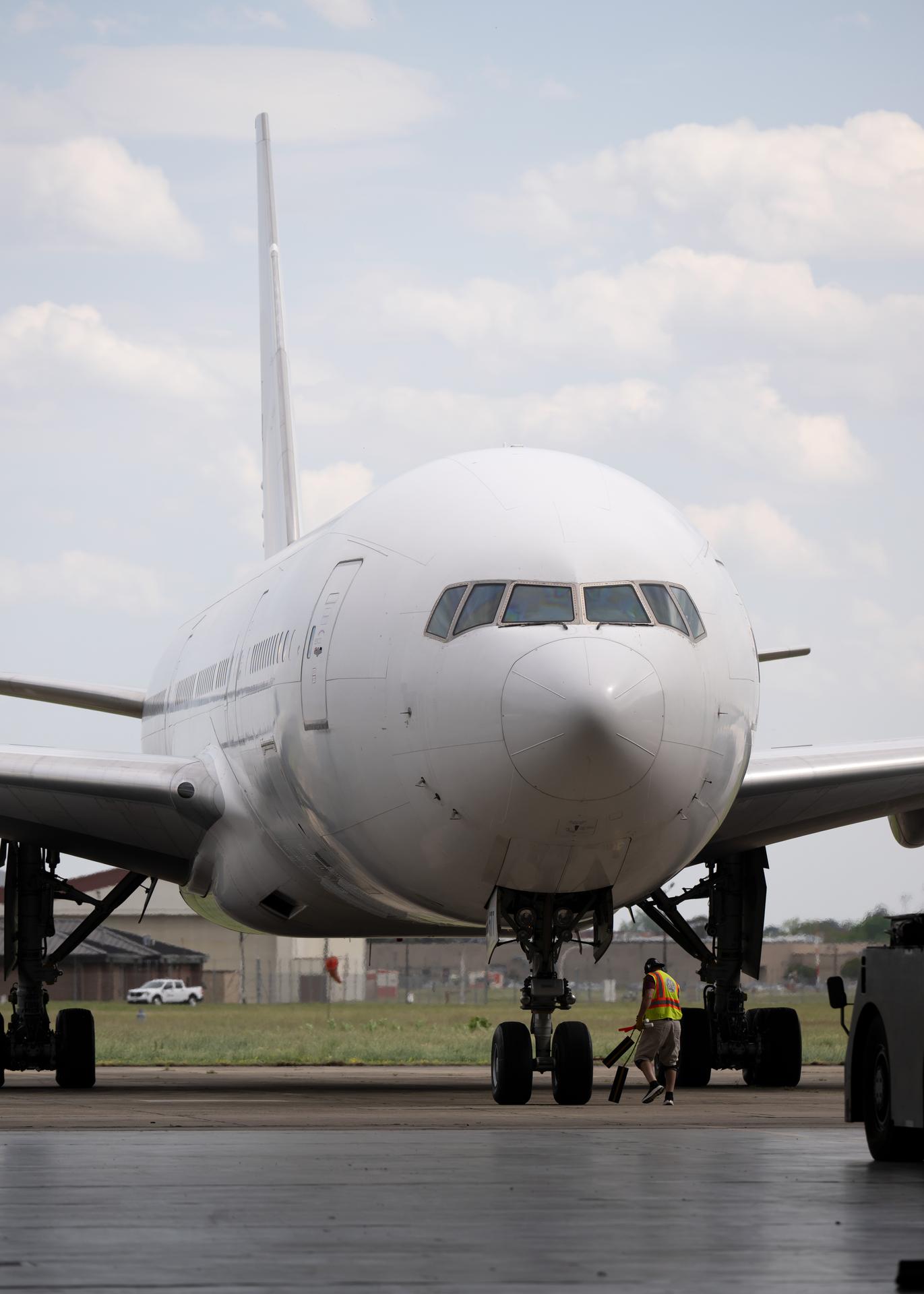 NASA Langley's B777 aircraft before it departs Langley Research Center to receive its new livery (paint job), prior to its departure on July 16th, it received ground maintenance in the center’s hangar. (Photo Credit NASA/ Ryan Hill)