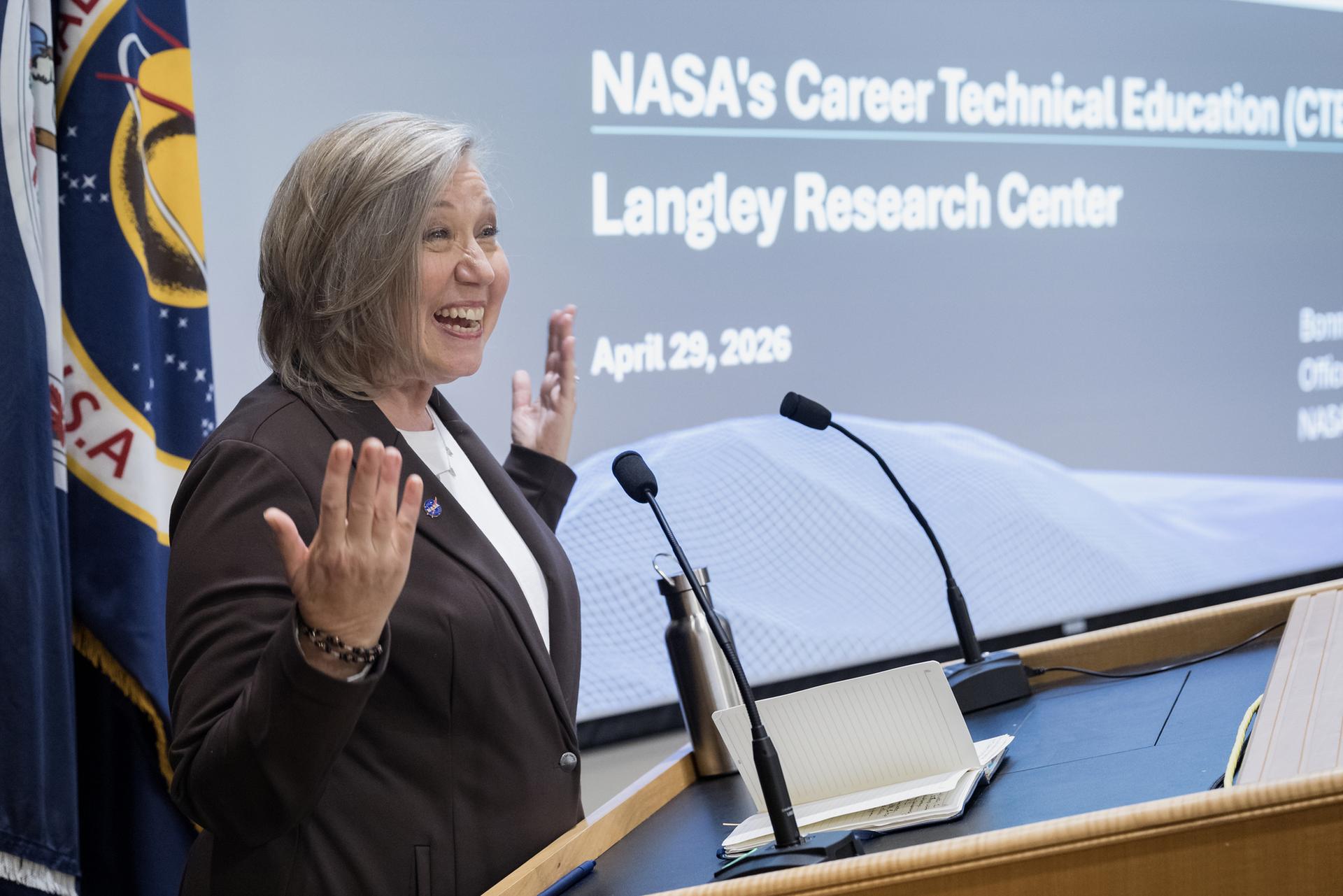 Bonnie Murray, NASA Program Specialist, speaks to an audience of high school and college students, and educators during an aerospace technical field career day event at Langley Research Center, Hampton Va., Wednesday, April 29, 2026. Photo Credit (NASA/Mark L Knopp)