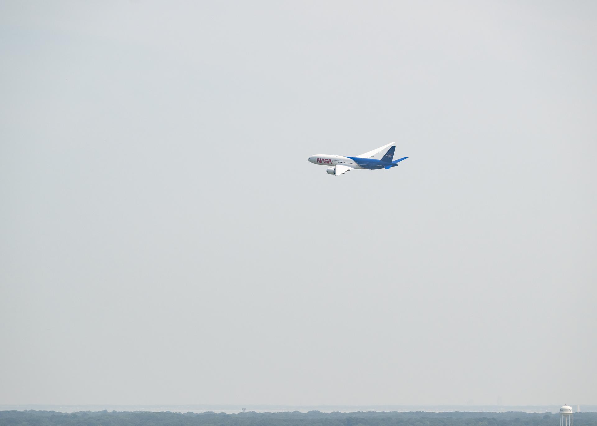 NASA's B777 aircraft returning to NASA Langley Research Center the 31st of July in Hampton, Virginia after a new paint job. It will now continue its maintenance and instrument integration schedule to prepare for its initial airborne science flights in 2027. (Photo Credit NASA/ Ryan Hill)