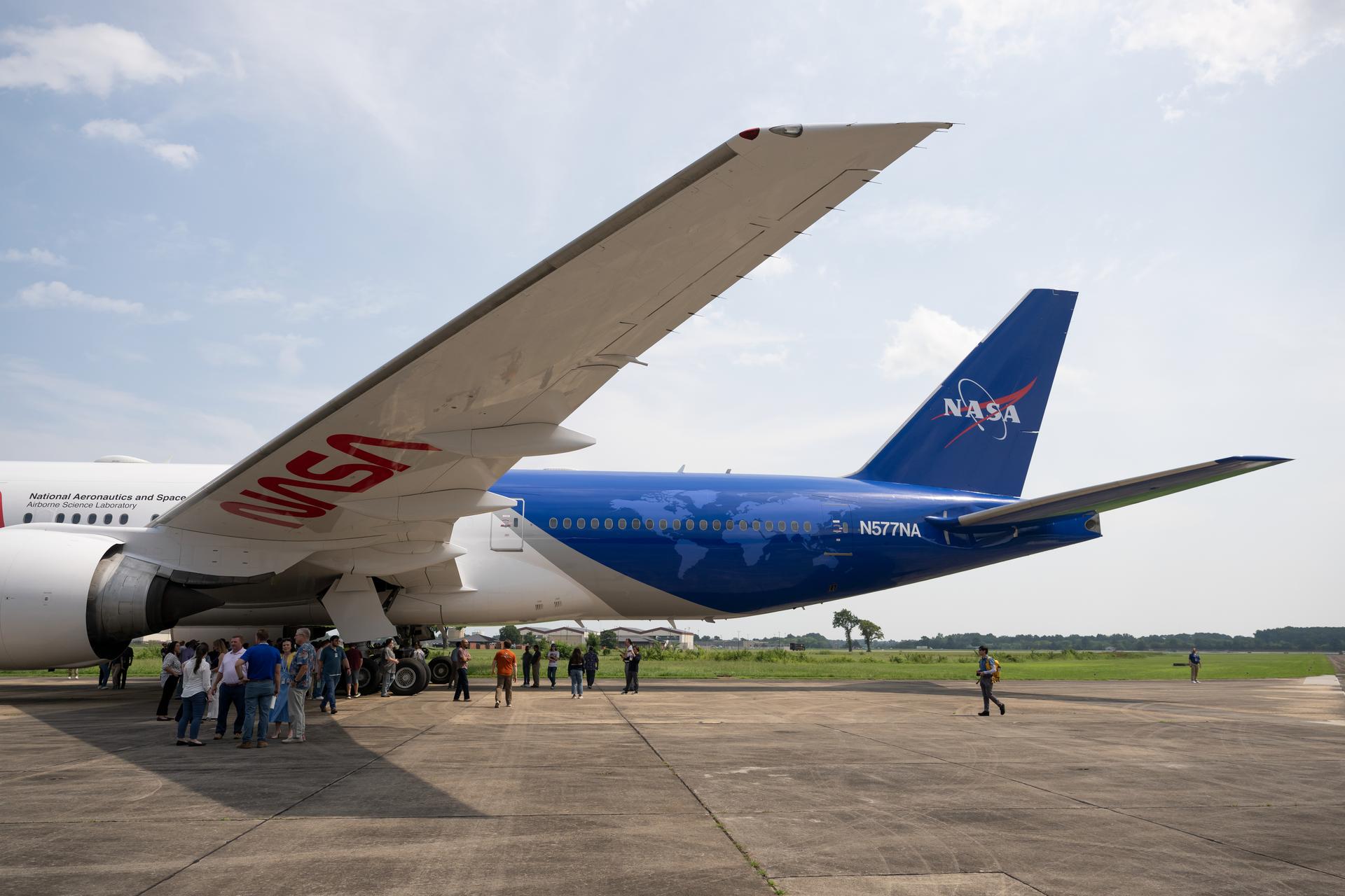 NASA's B777 aircraft returning to NASA Langley Research Center the 31st of July in Hampton, Virginia after a new paint job. It will now continue its maintenance and instrument integration schedule to prepare for its initial airborne science flights in 2027. Photo Credit NASA/ Ryan Hill)