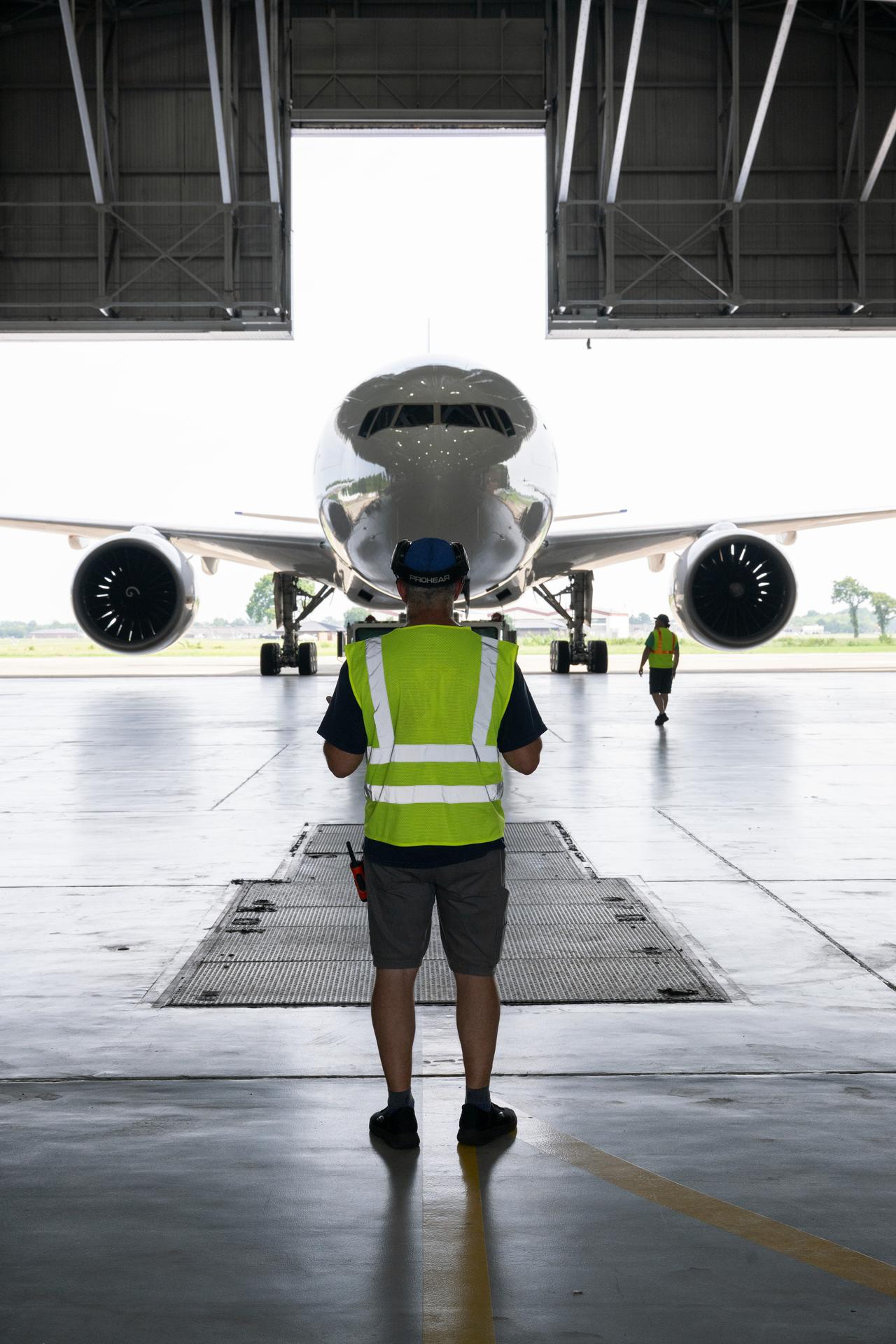 NASA's B777 aircraft as it returns to NASA Langley Research Center the 31st of July in Hampton, Virginia. It will now continue its maintenance and instrument integration schedule to prepare for its initial airborne science flights in 2027. Photo Credit NASA/ Ryan Hill)
