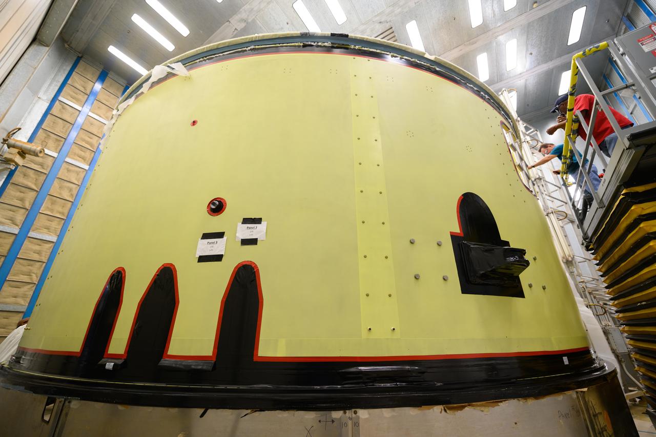 Space Launch System Corestage-2 Forward Skirt is prepped to receive spray-on foam insulation(SOFI) at NASA's Michoud Assembly Facility.