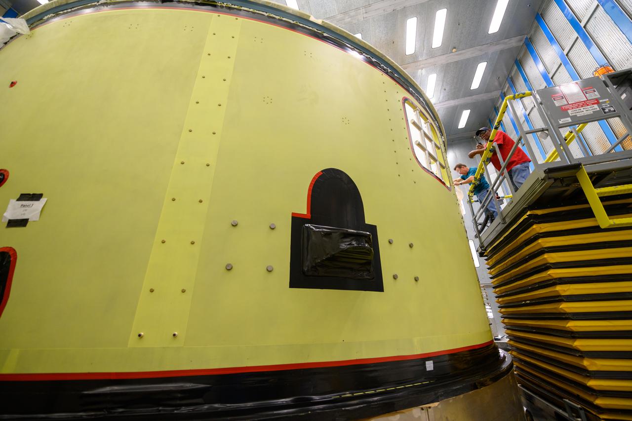 Space Launch System Corestage-2 Forward Skirt is prepped to receive spray-on foam insulation(SOFI) at NASA's Michoud Assembly Facility.