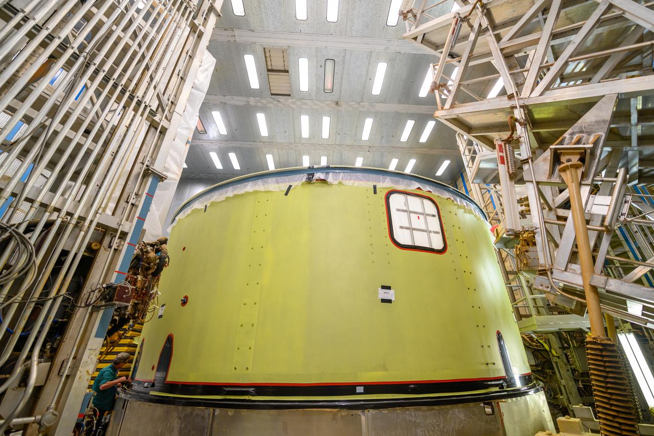 Space Launch System Corestage-2 Forward Skirt is prepped to recieve spray-on foam insulation(SOFI) at NASA's Michoud Assembly Facility.